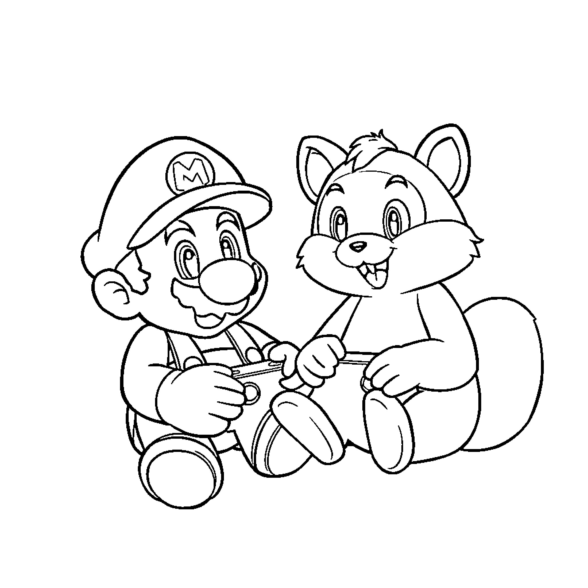 Mario Playing with a Happy Squirrel Coloring Page (free black-and-white line drawing printable PDF for all, from beginners to advanced learners, including children, teens, adults, and seniors)
