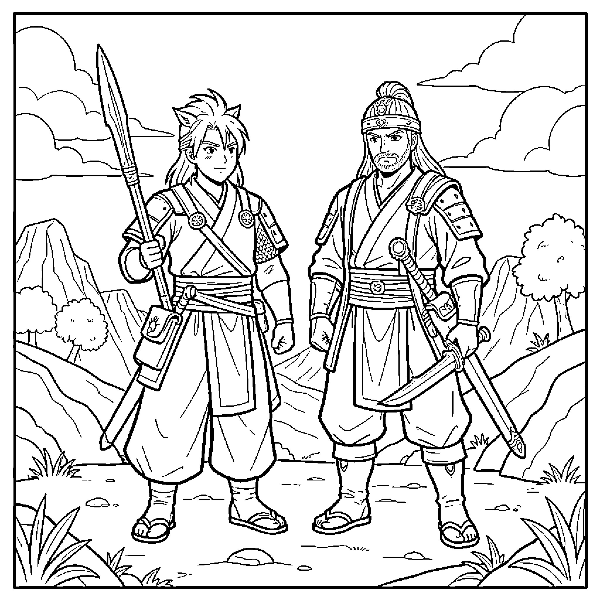Omer warriors standing together with weapons in a landscape Coloring Page (free black-and-white line drawing printable PDF for all, from beginners to advanced learners, including children, teens, adults, and seniors)