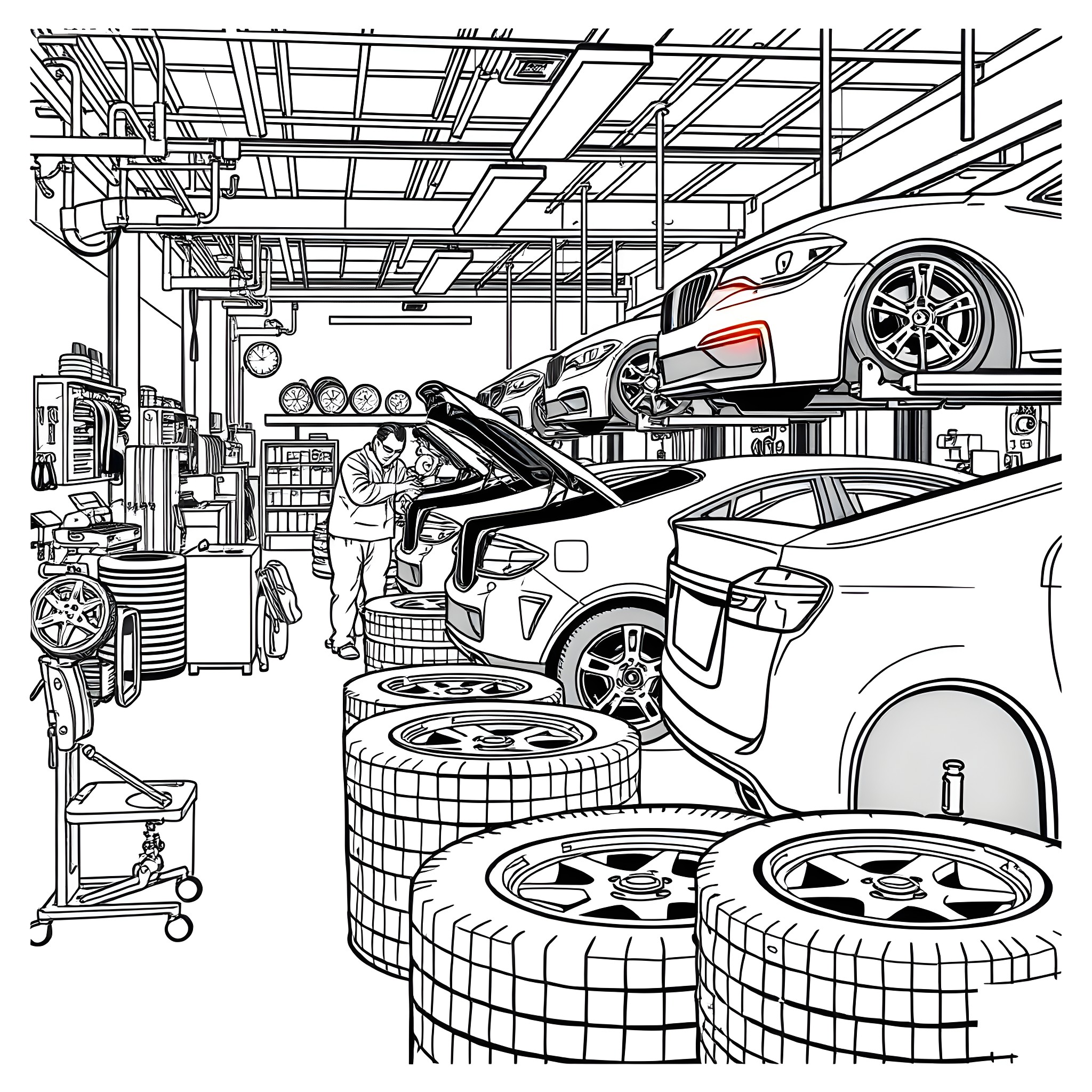 Firestone Automotive Workshop with Cars and Mechanics Coloring Page (free black-and-white line drawing printable PDF for all, from beginners to advanced learners, including children, teens, adults, and seniors)