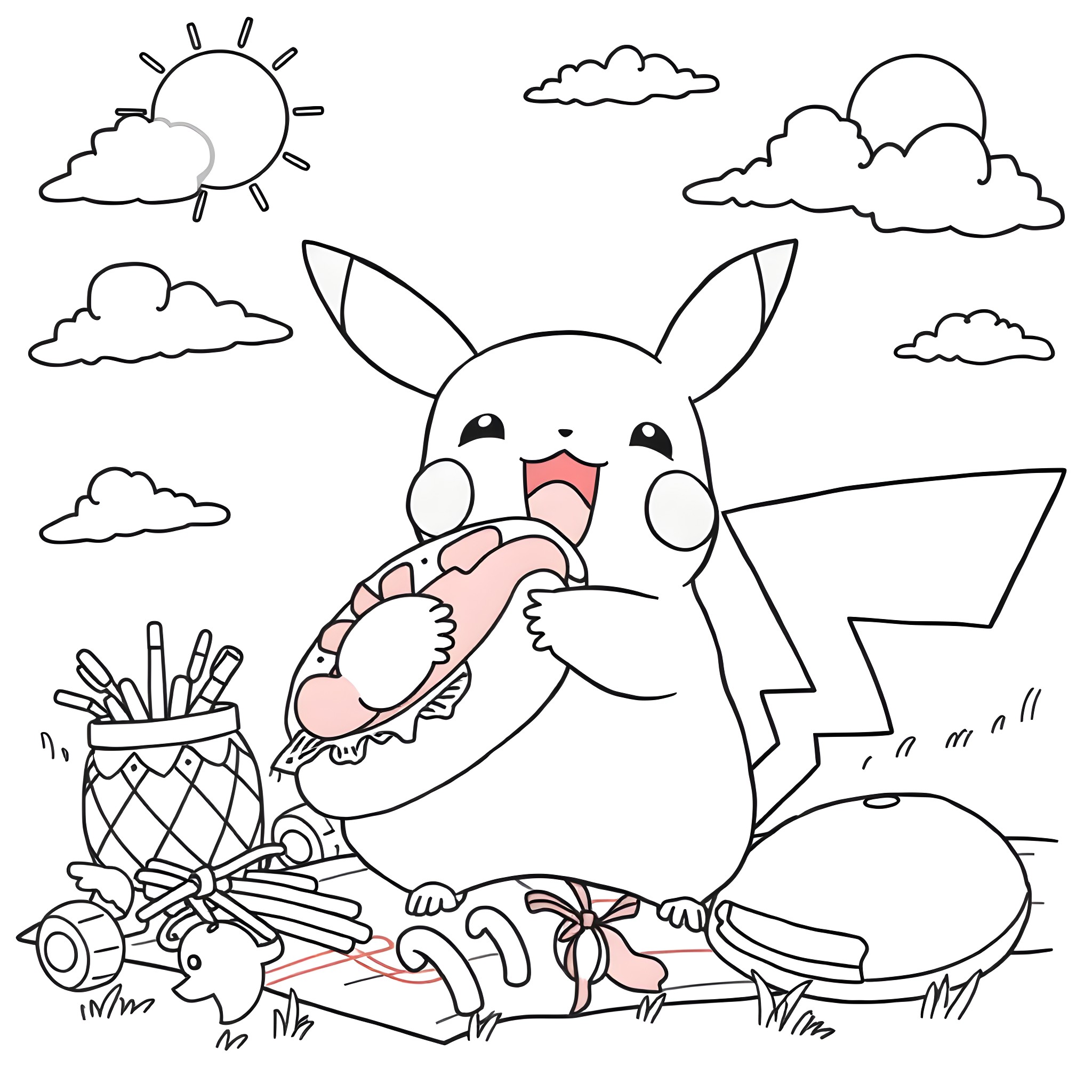 Pikachu enjoying a sunny day with toys and snacks Coloring Page (free black-and-white line drawing printable PDF for all, from beginners to advanced learners, including children, teens, adults, and seniors)