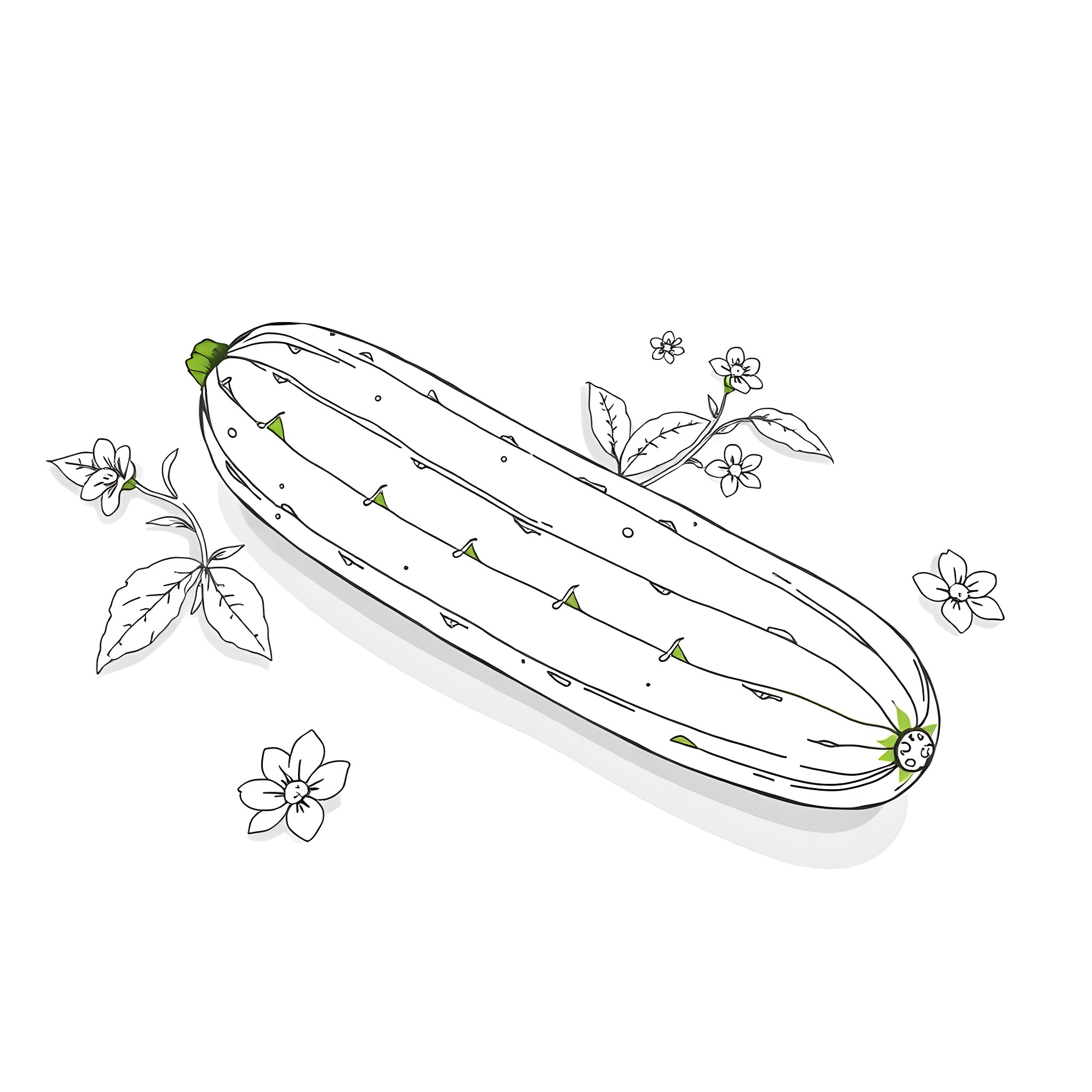 Cucumber with floral accents Coloring Page (free black-and-white line drawing printable PDF for all, from beginners to advanced learners, including children, teens, adults, and seniors)