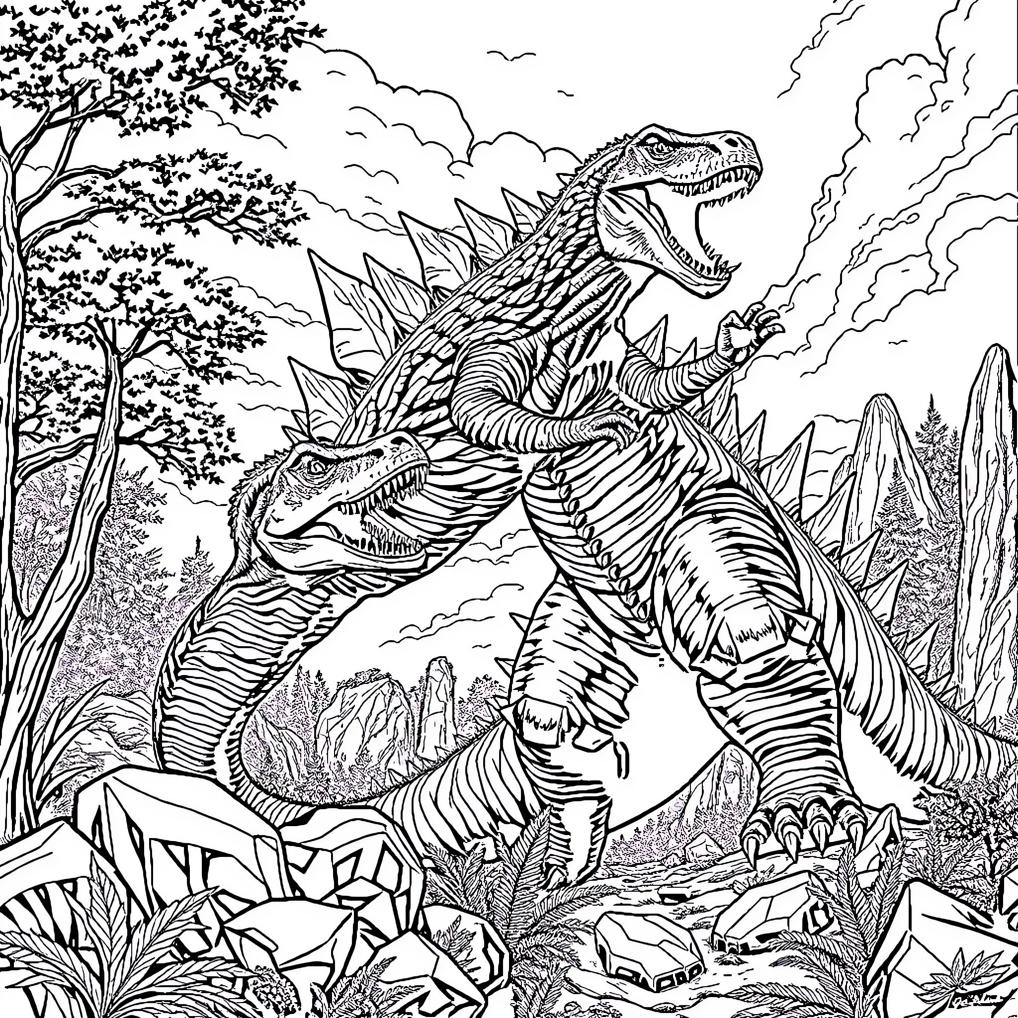 Godzilla Stomping Through the Prehistoric Landscape Coloring Page (free black-and-white line drawing printable PDF for all, from beginners to advanced learners, including children, teens, adults, and seniors)