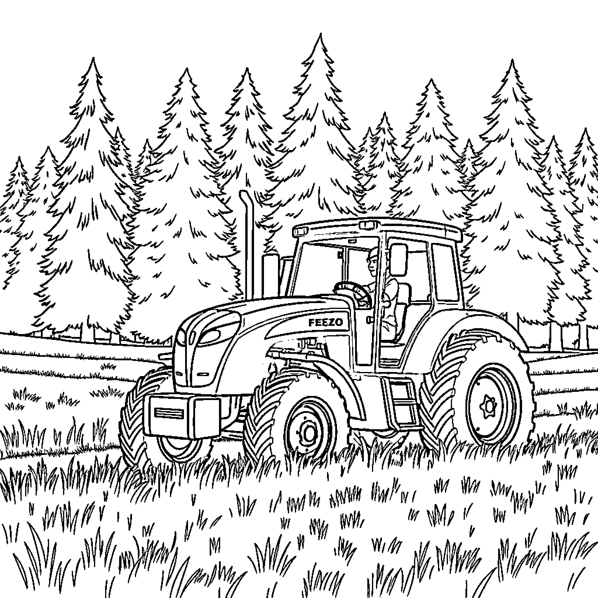 Tractor plowing through a forested field Coloring Page (free black-and-white line drawing printable PDF for all, from beginners to advanced learners, including children, teens, adults, and seniors)