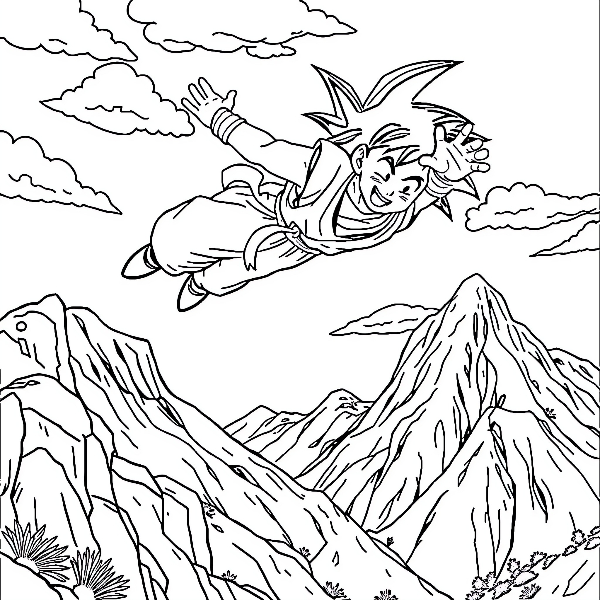 Dragon Ball character flying over mountainous landscape Coloring Page (free black-and-white line drawing printable PDF for all, from beginners to advanced learners, including children, teens, adults, and seniors)