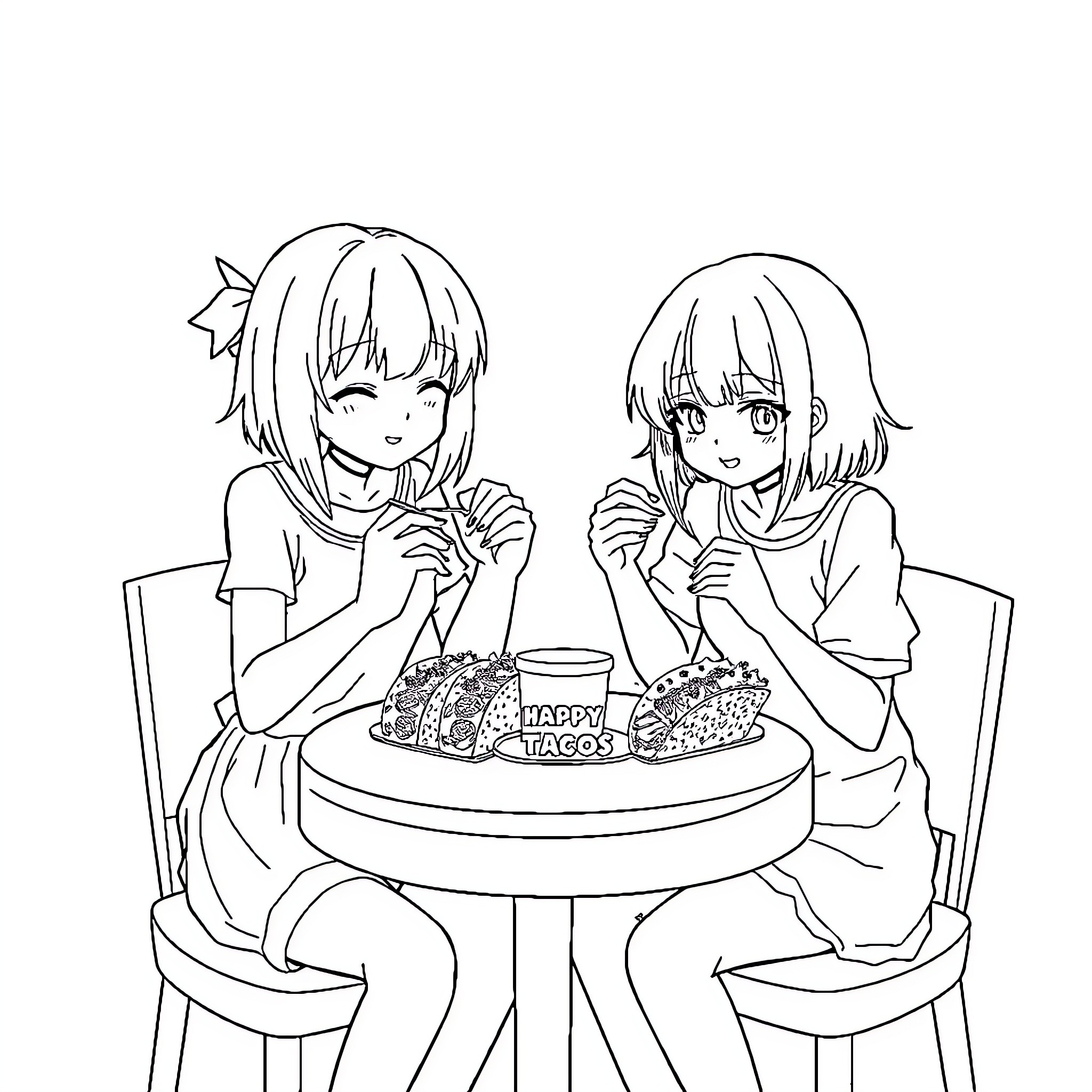 Rei Ayanami enjoying a sweet treat with a friend Coloring Page (free black-and-white line drawing printable PDF for all, from beginners to advanced learners, including children, teens, adults, and seniors)