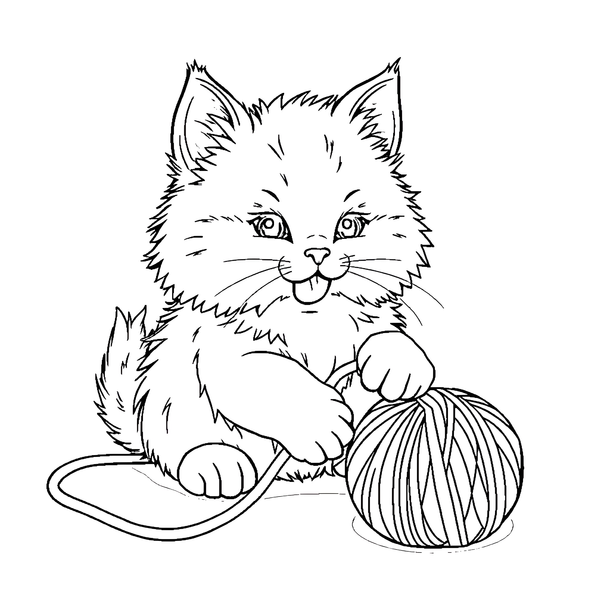 Cat playing with yarn in black and white Coloring Page (free black-and-white line drawing printable PDF for all, from beginners to advanced learners, including children, teens, adults, and seniors)