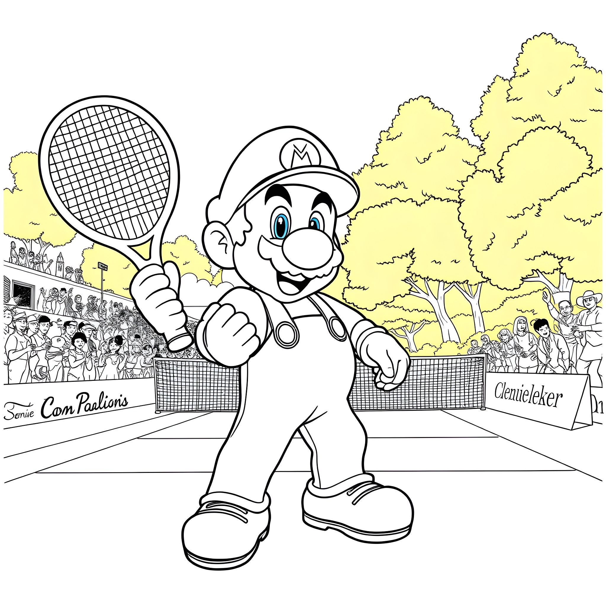 Mario playing tennis at a tournament Coloring Page (free black-and-white line drawing printable PDF for all, from beginners to advanced learners, including children, teens, adults, and seniors)