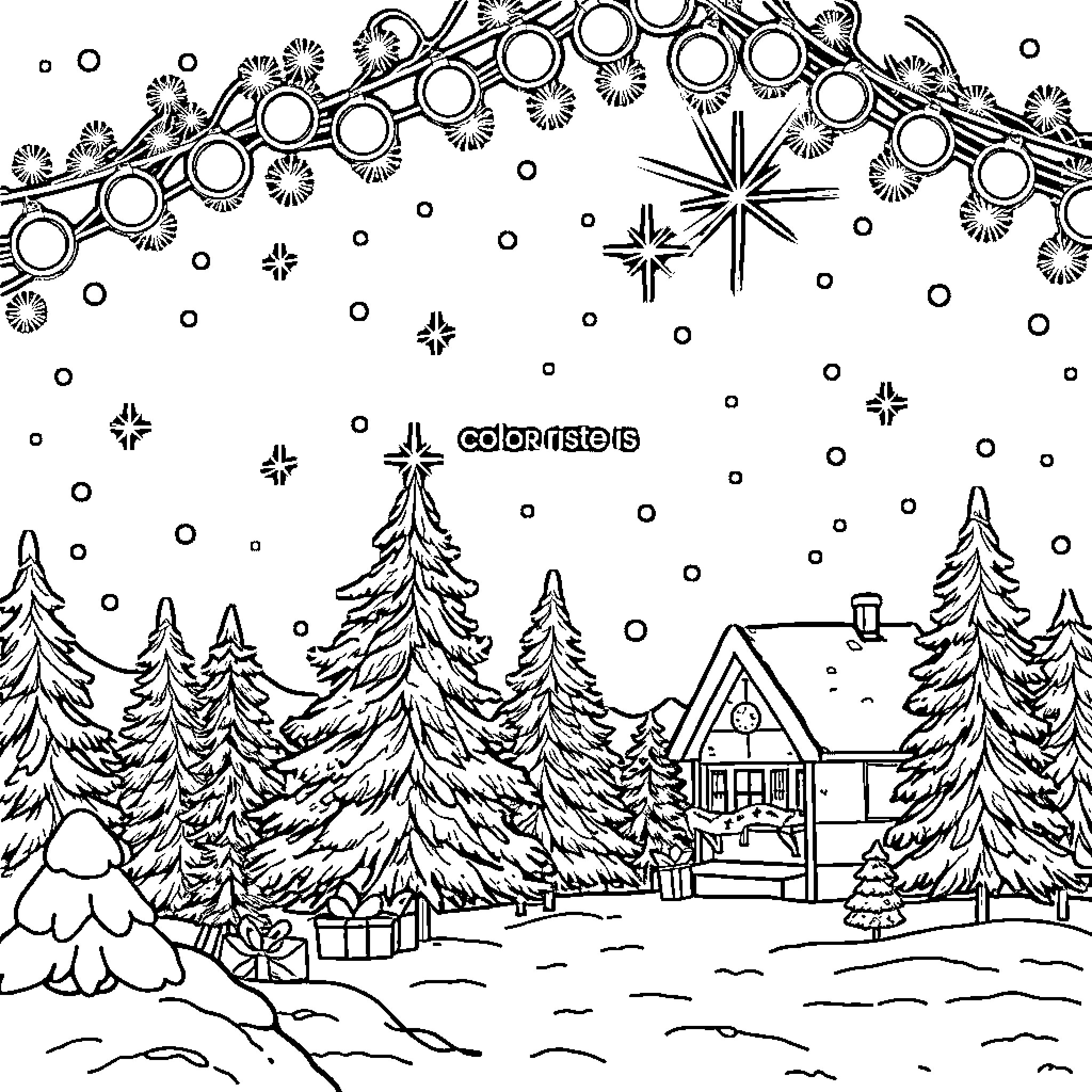 Christmas snowy landscape with trees and house Coloring Page (free black-and-white line drawing printable PDF for all, from beginners to advanced learners, including children, teens, adults, and seniors)