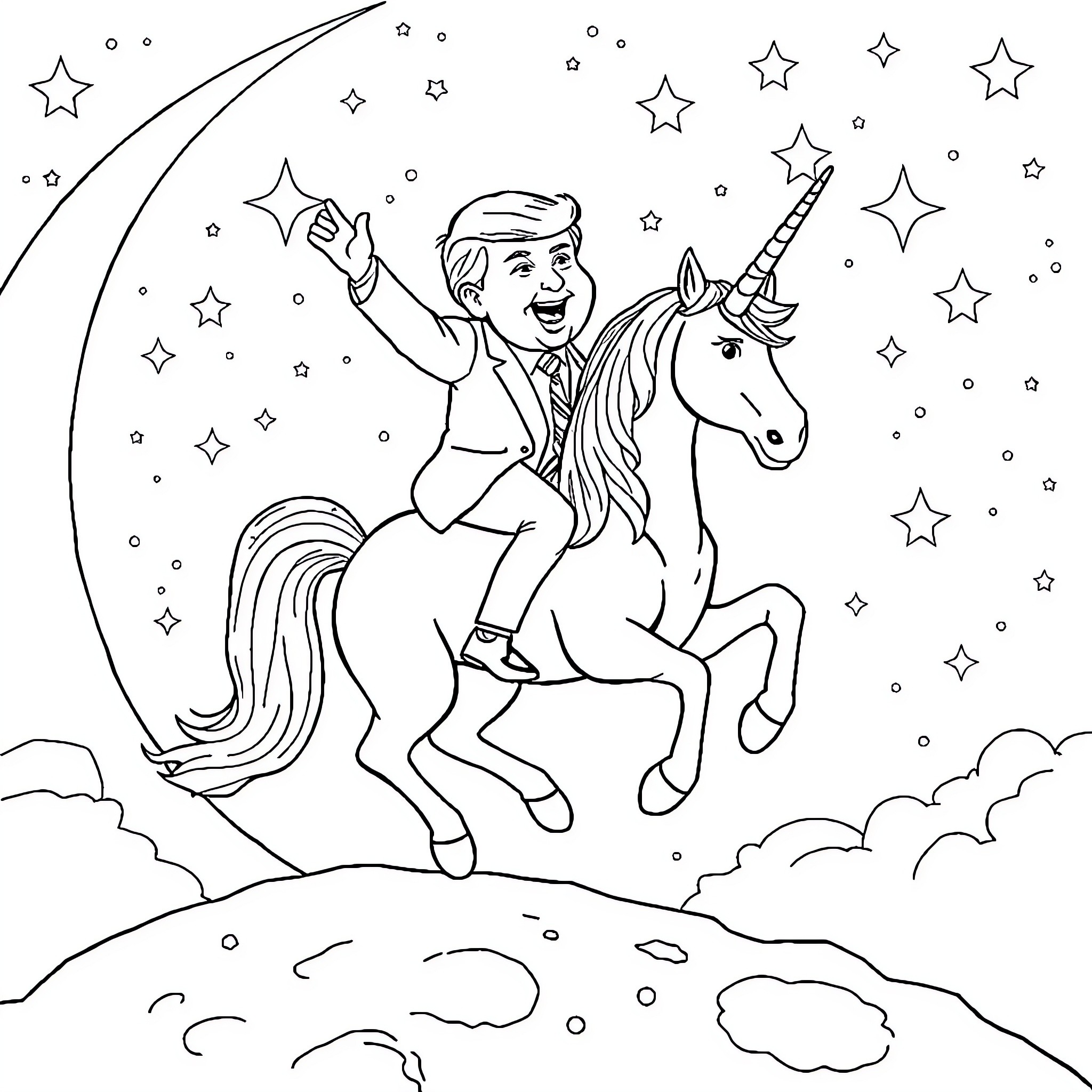 Unicorn Riding with Delight under Starry Skies Coloring Page (free black-and-white line drawing printable PDF for all, from beginners to advanced learners, including children, teens, adults, and seniors)