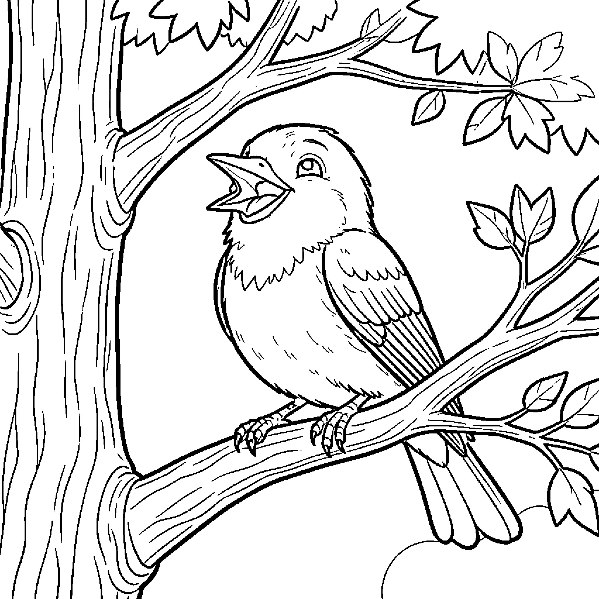 Bird perched on a tree branch amidst nature Coloring Page (free black-and-white line drawing printable PDF for all, from beginners to advanced learners, including children, teens, adults, and seniors)