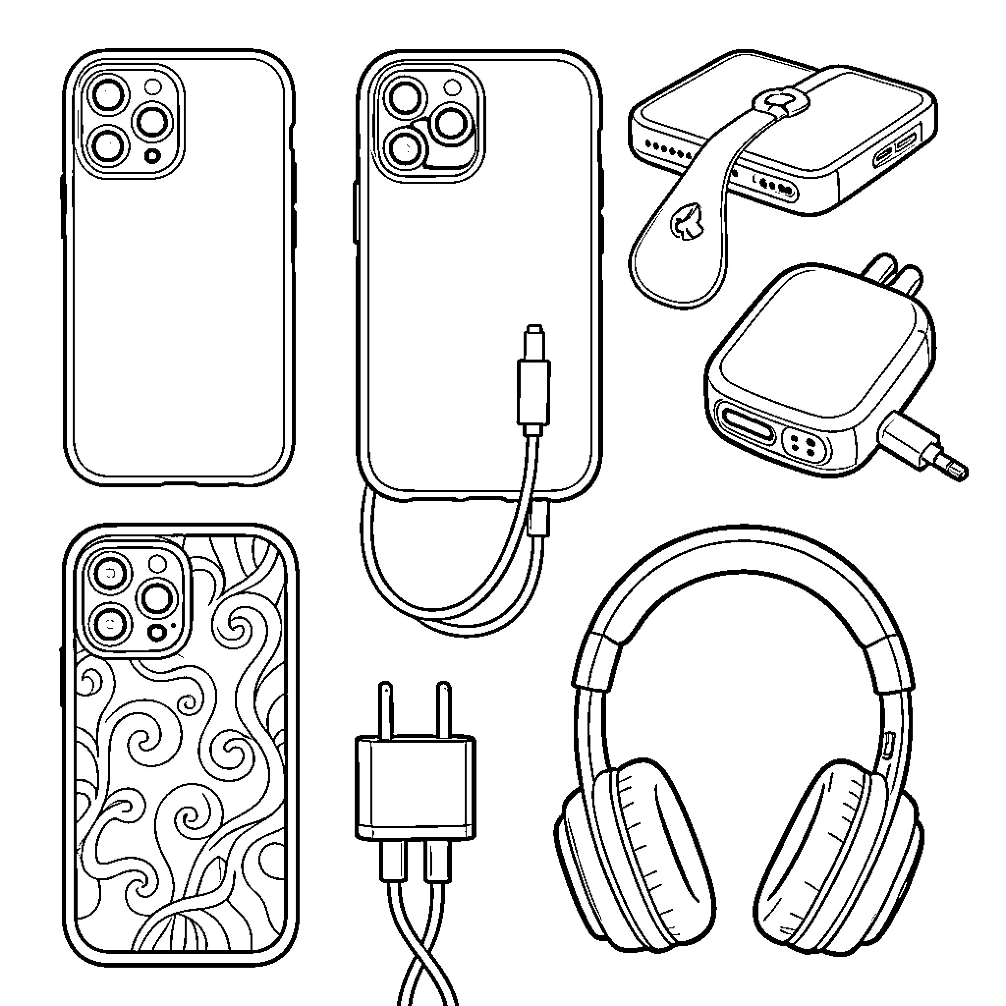 Mobile Accessory collection showing phones and electronic devices Coloring Page (free black-and-white line drawing printable PDF for all, from beginners to advanced learners, including children, teens, adults, and seniors)