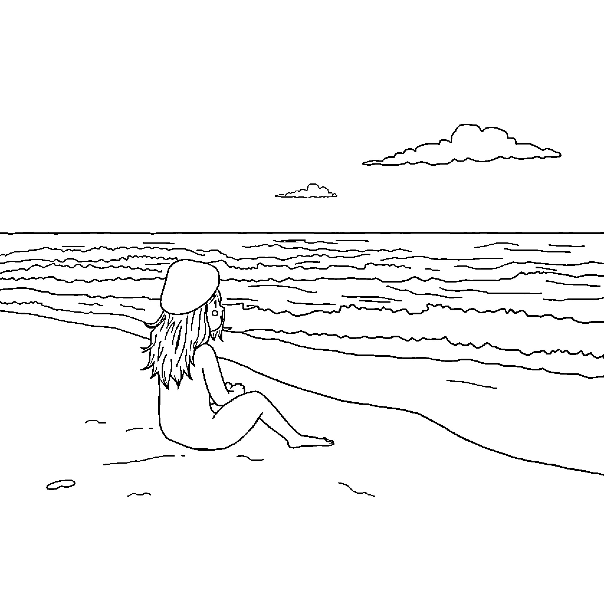 Blue Solitude by the Serene Ocean Coloring Page (free black-and-white line drawing printable PDF for all, from beginners to advanced learners, including children, teens, adults, and seniors)