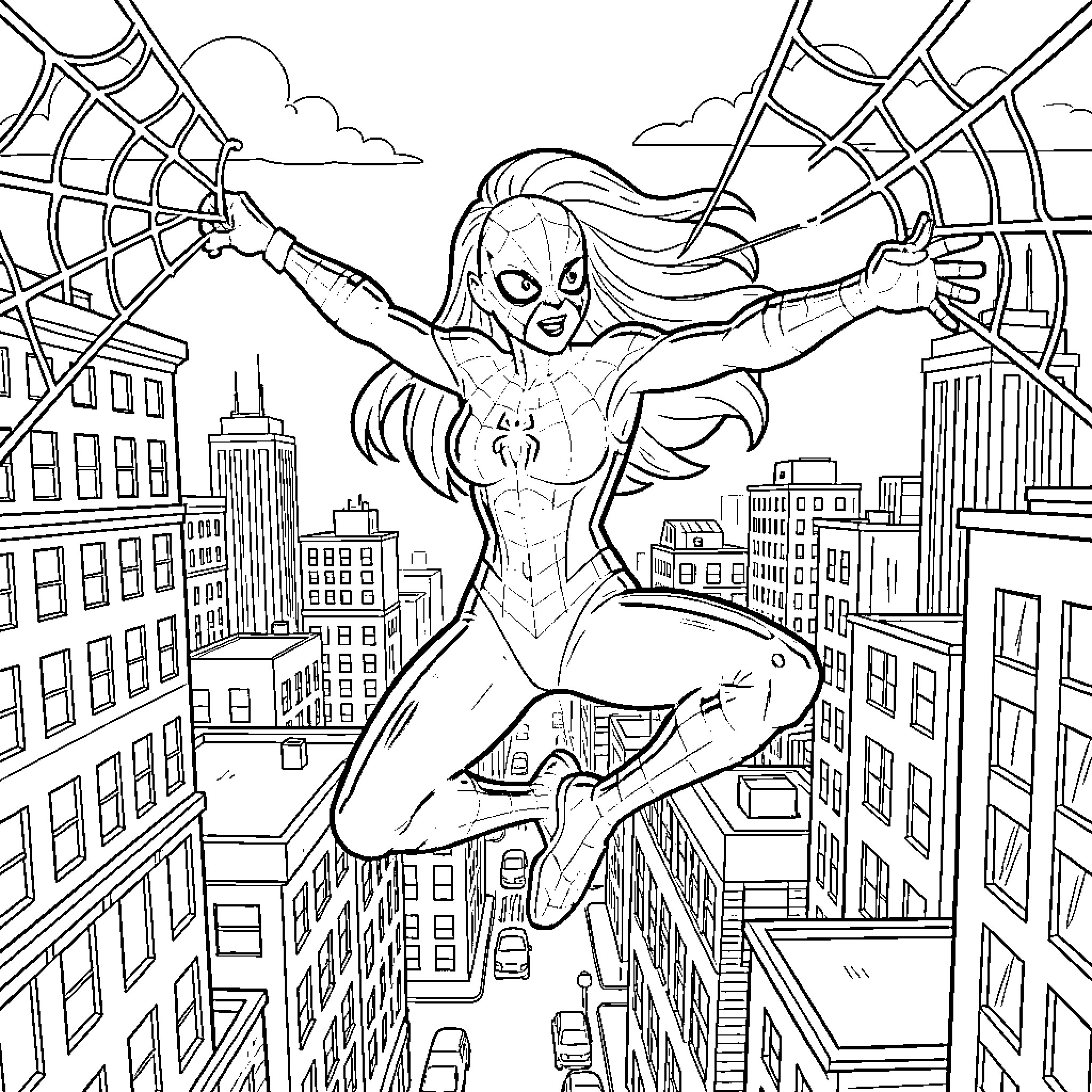 Spidergirl swinging through the city skyline Coloring Page (free black-and-white line drawing printable PDF for all, from beginners to advanced learners, including children, teens, adults, and seniors)