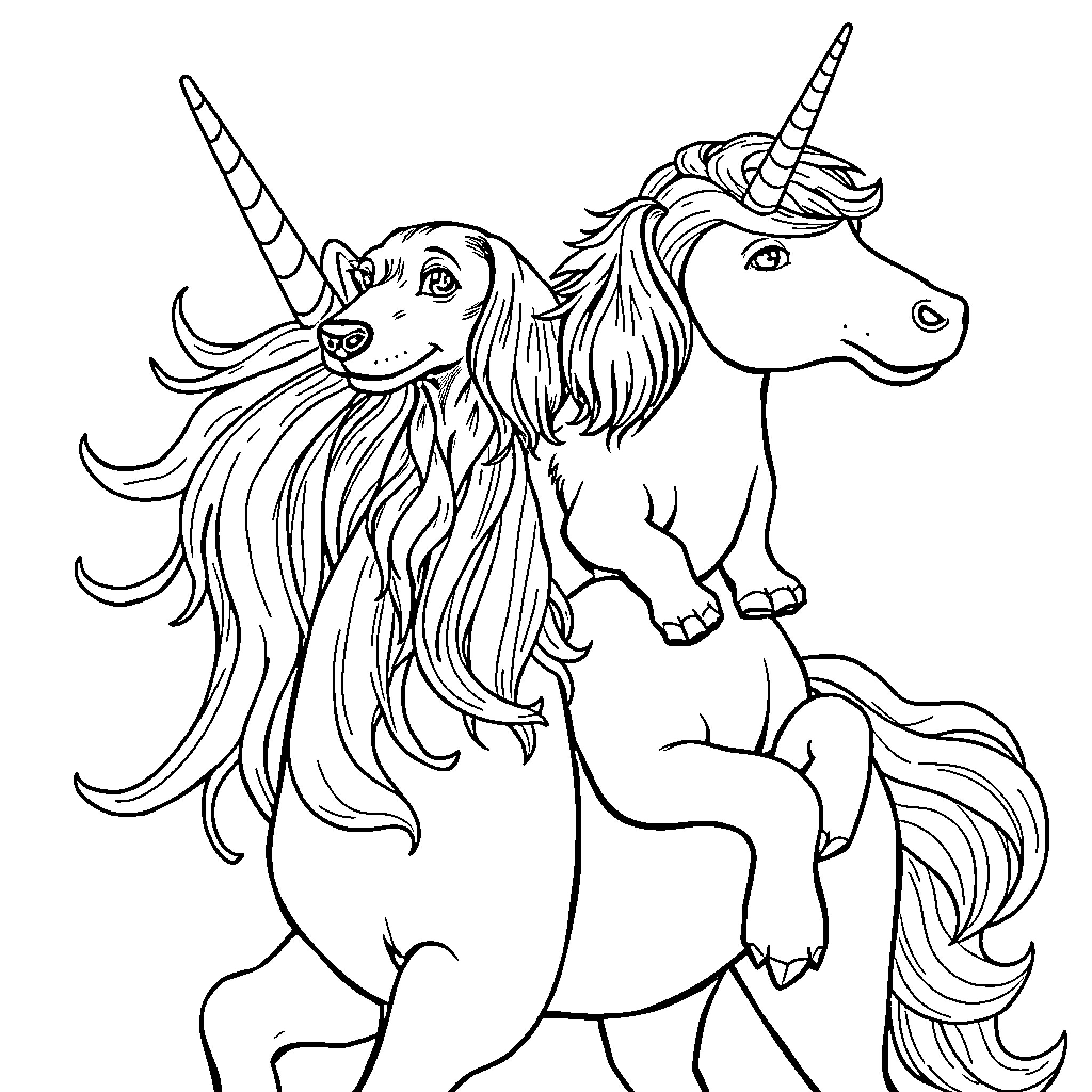 Dachshund unicorn playfully prancing Coloring Page (free black-and-white line drawing printable PDF for all, from beginners to advanced learners, including children, teens, adults, and seniors)