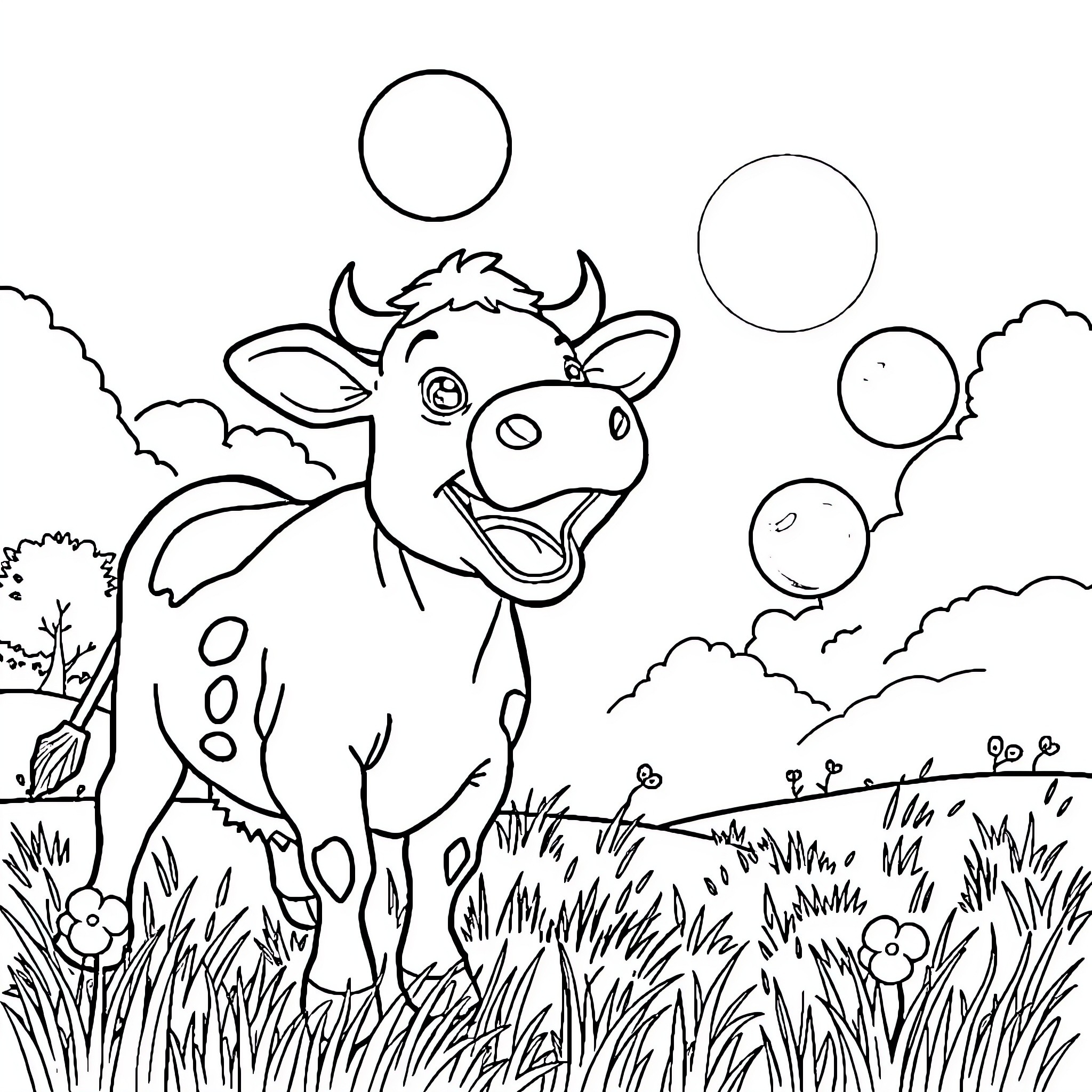 Cow enjoying the outdoors in a scenic field Coloring Page (free black-and-white line drawing printable PDF for all, from beginners to advanced learners, including children, teens, adults, and seniors)