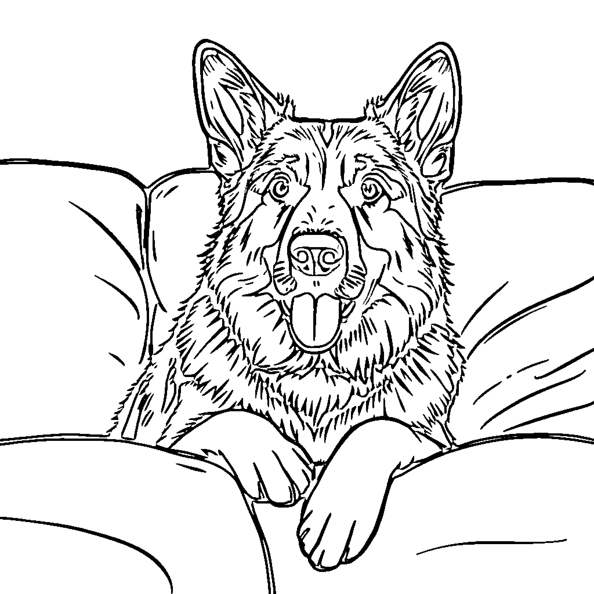 German Shepherd peeking through foliage Coloring Page (free black-and-white line drawing printable PDF for all, from beginners to advanced learners, including children, teens, adults, and seniors)