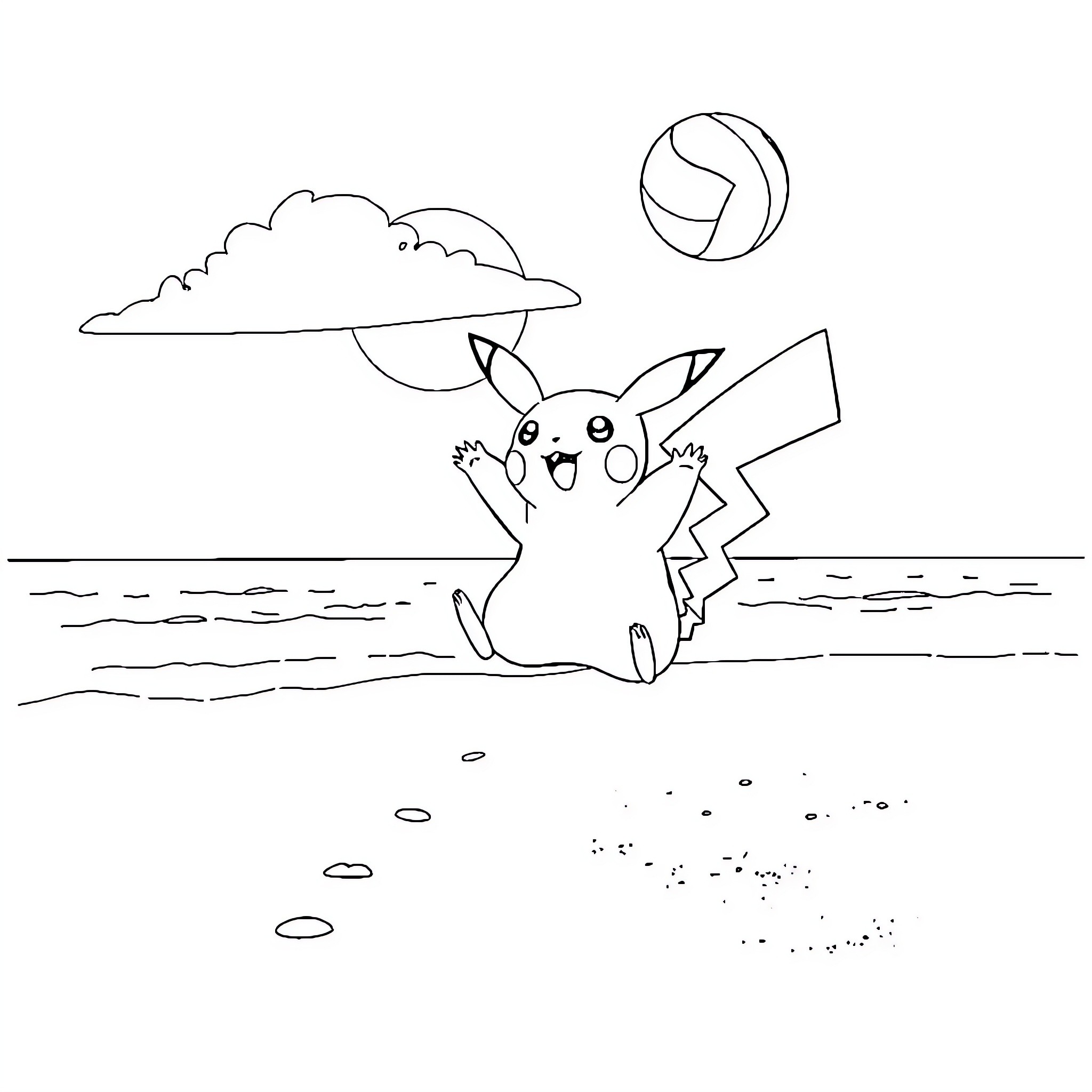 Pikachu enjoying the outdoors by the ocean Coloring Page (free black-and-white line drawing printable PDF for all, from beginners to advanced learners, including children, teens, adults, and seniors)