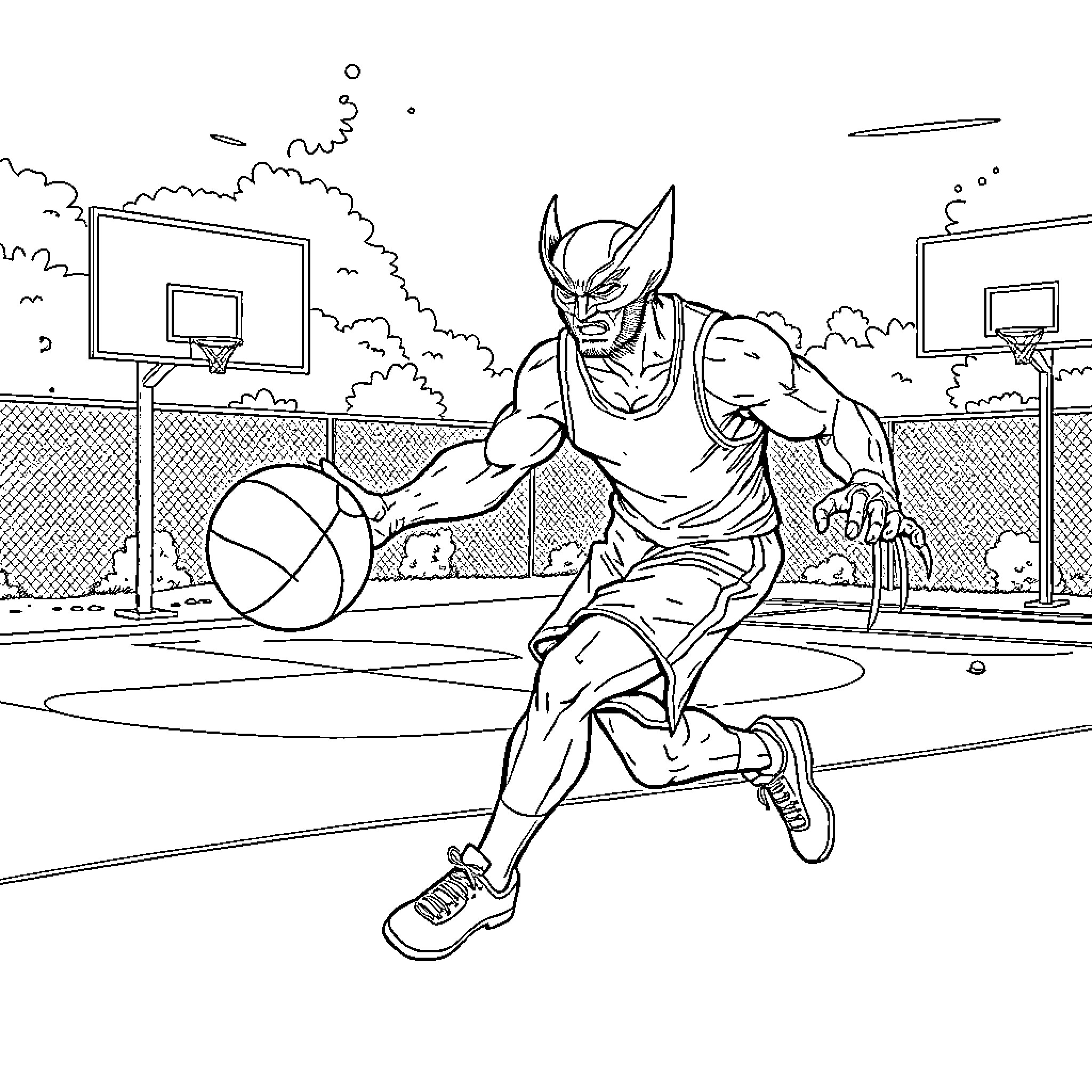 Wolverine Playing Basketball on the Court Coloring Page (free black-and-white line drawing printable PDF for all, from beginners to advanced learners, including children, teens, adults, and seniors)