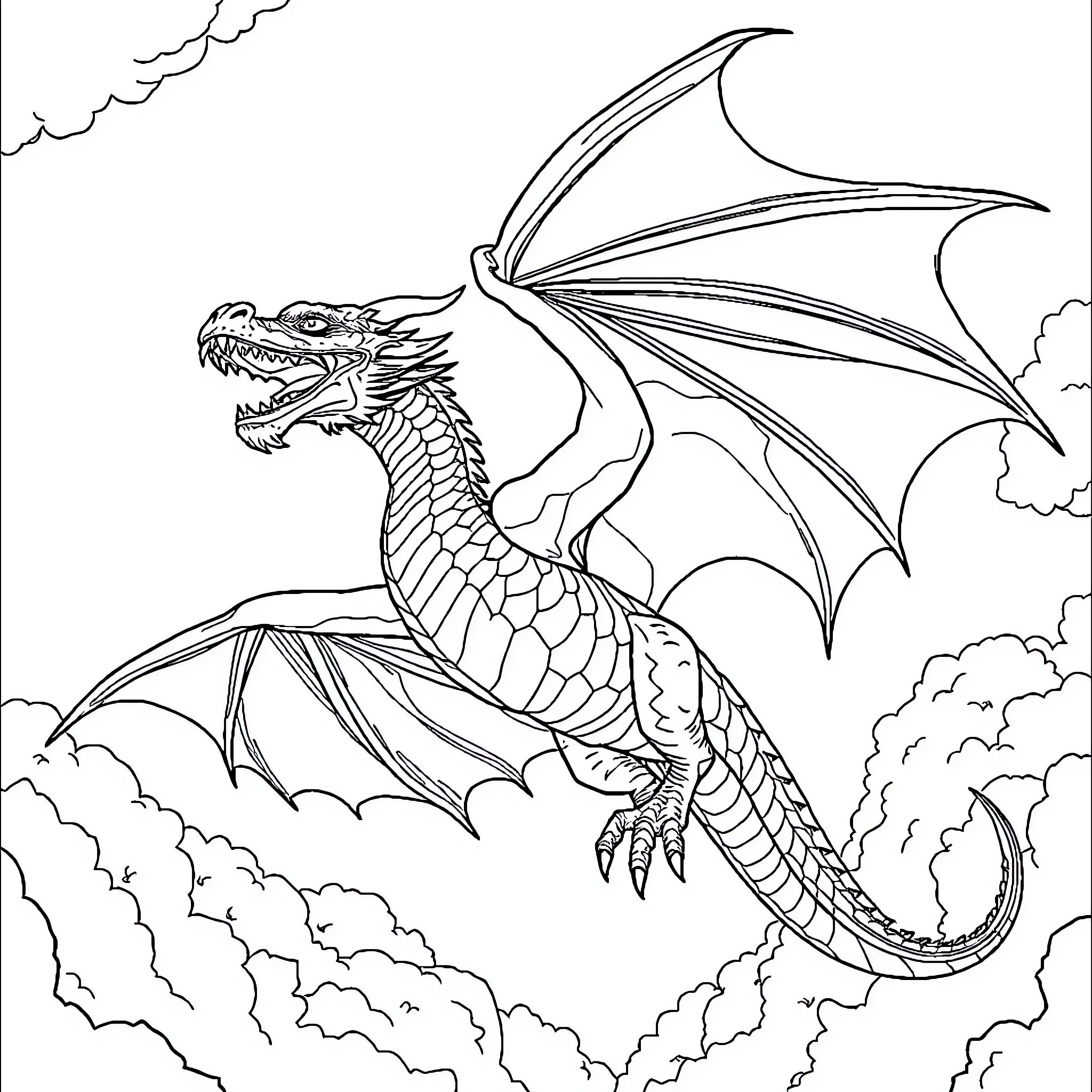 Dragon soaring through the cloudy skies Coloring Page (free black-and-white line drawing printable PDF for all, from beginners to advanced learners, including children, teens, adults, and seniors)