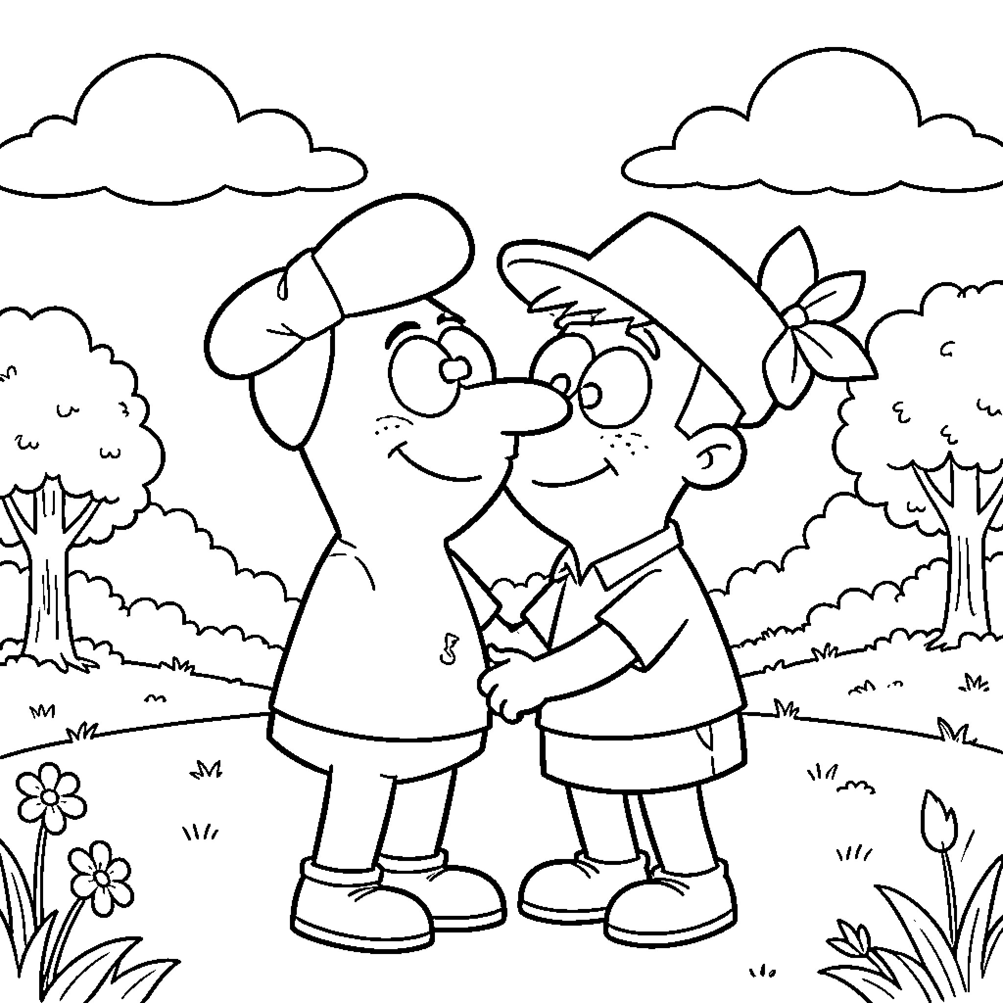 Phineas and Ferb enjoy a nature scene Coloring Page (free black-and-white line drawing printable PDF for all, from beginners to advanced learners, including children, teens, adults, and seniors)