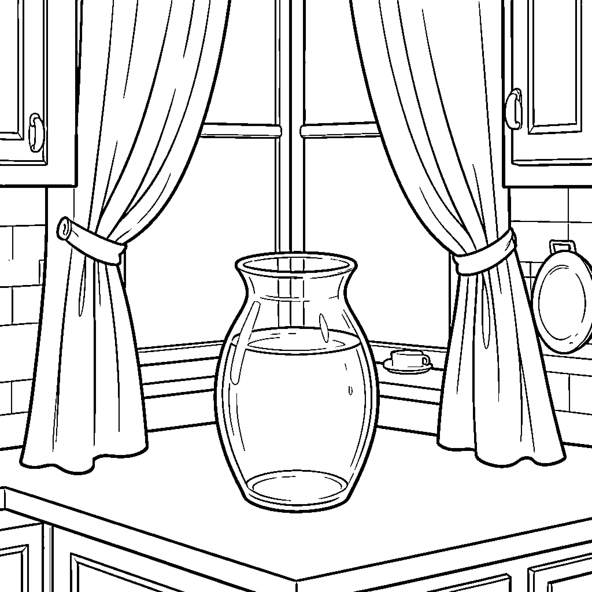Vaso - Peaceful Room with Decorative Vase Coloring Page (free black-and-white line drawing printable PDF for all, from beginners to advanced learners, including children, teens, adults, and seniors)