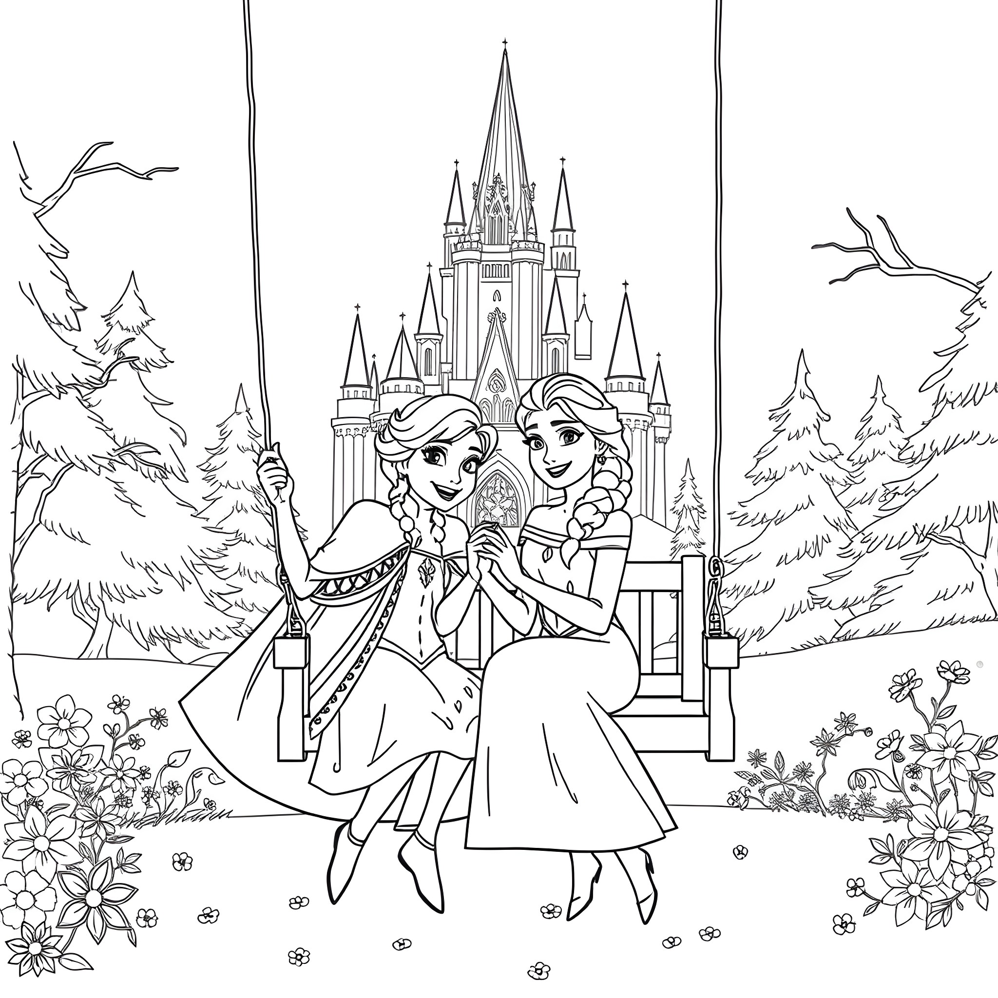 Elsa and Anna exploring the magical castle together Coloring Page (free black-and-white line drawing printable PDF for all, from beginners to advanced learners, including children, teens, adults, and seniors)