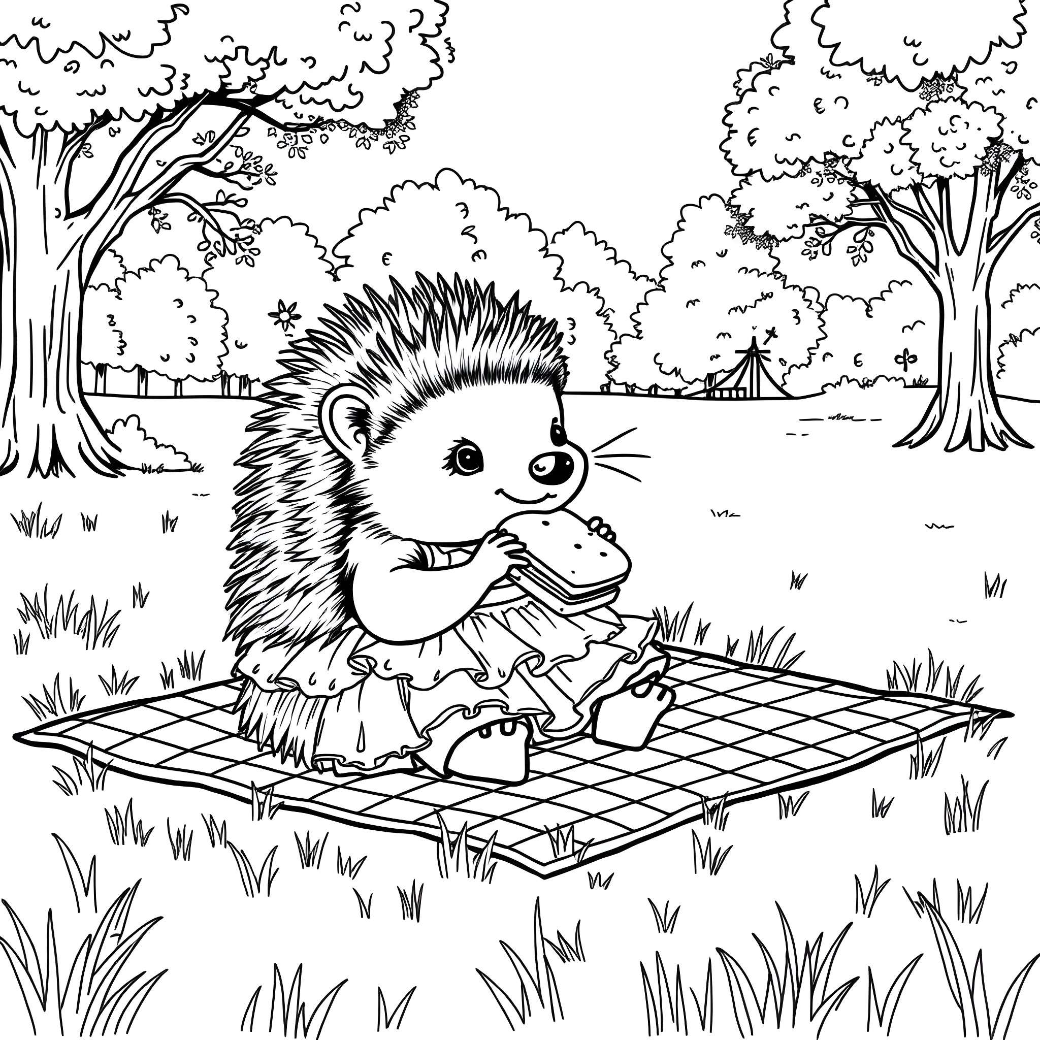 Hedgehog enjoying a picnic in the forest Coloring Page (free black-and-white line drawing printable PDF for all, from beginners to advanced learners, including children, teens, adults, and seniors)
