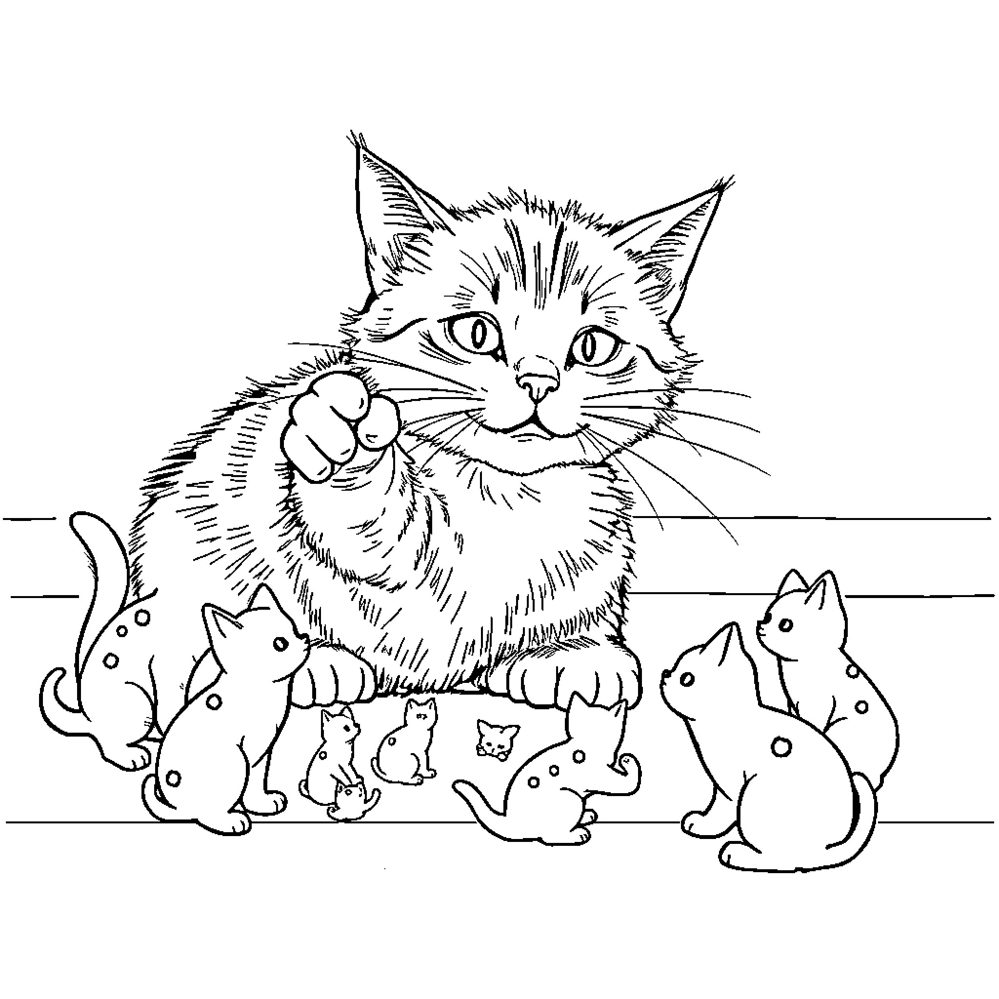 Cat observing curious kittens in scene Coloring Page (free black-and-white line drawing printable PDF for all, from beginners to advanced learners, including children, teens, adults, and seniors)