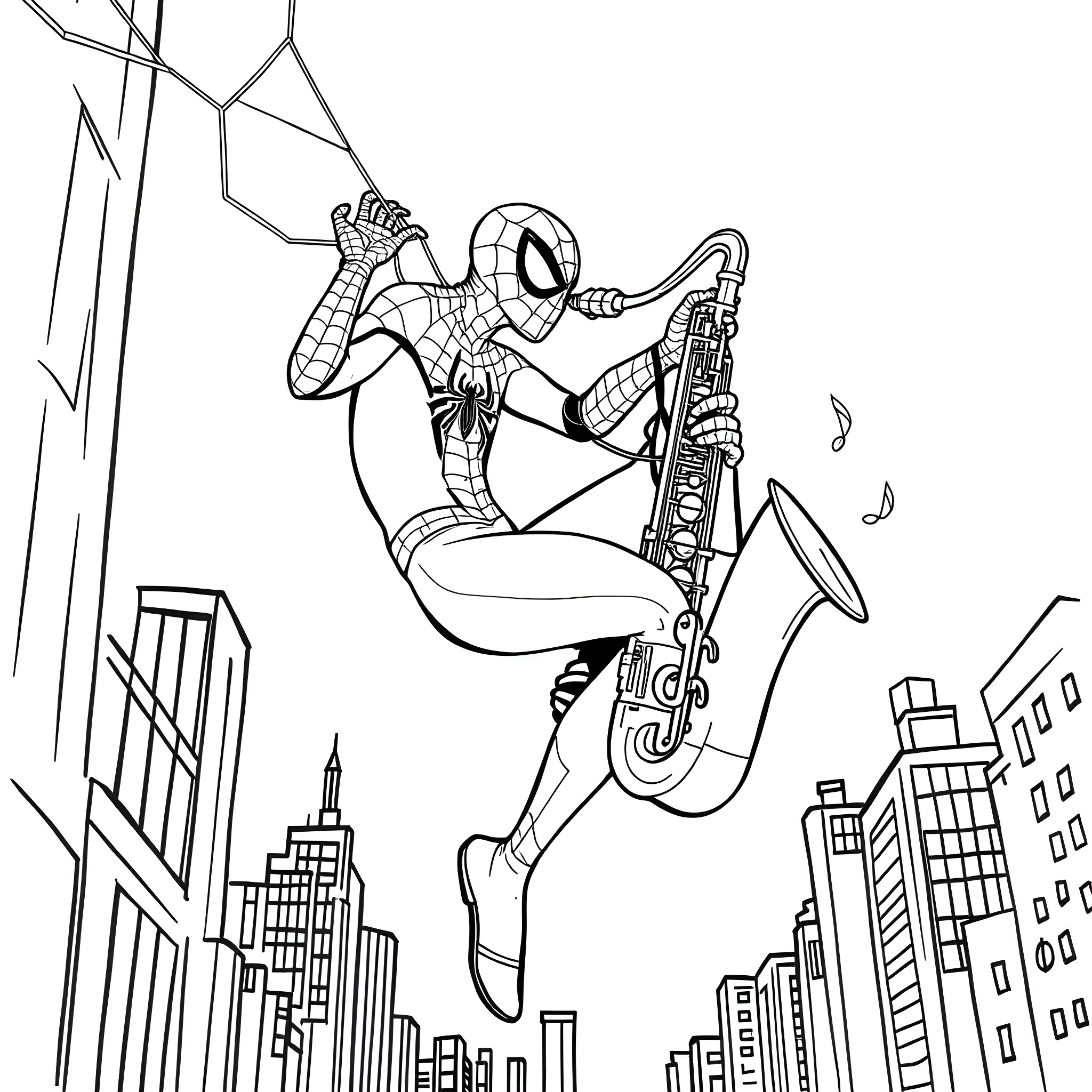 Spiderman swinging through the city playing a saxophone Coloring Page (free black-and-white line drawing printable PDF for all, from beginners to advanced learners, including children, teens, adults, and seniors)