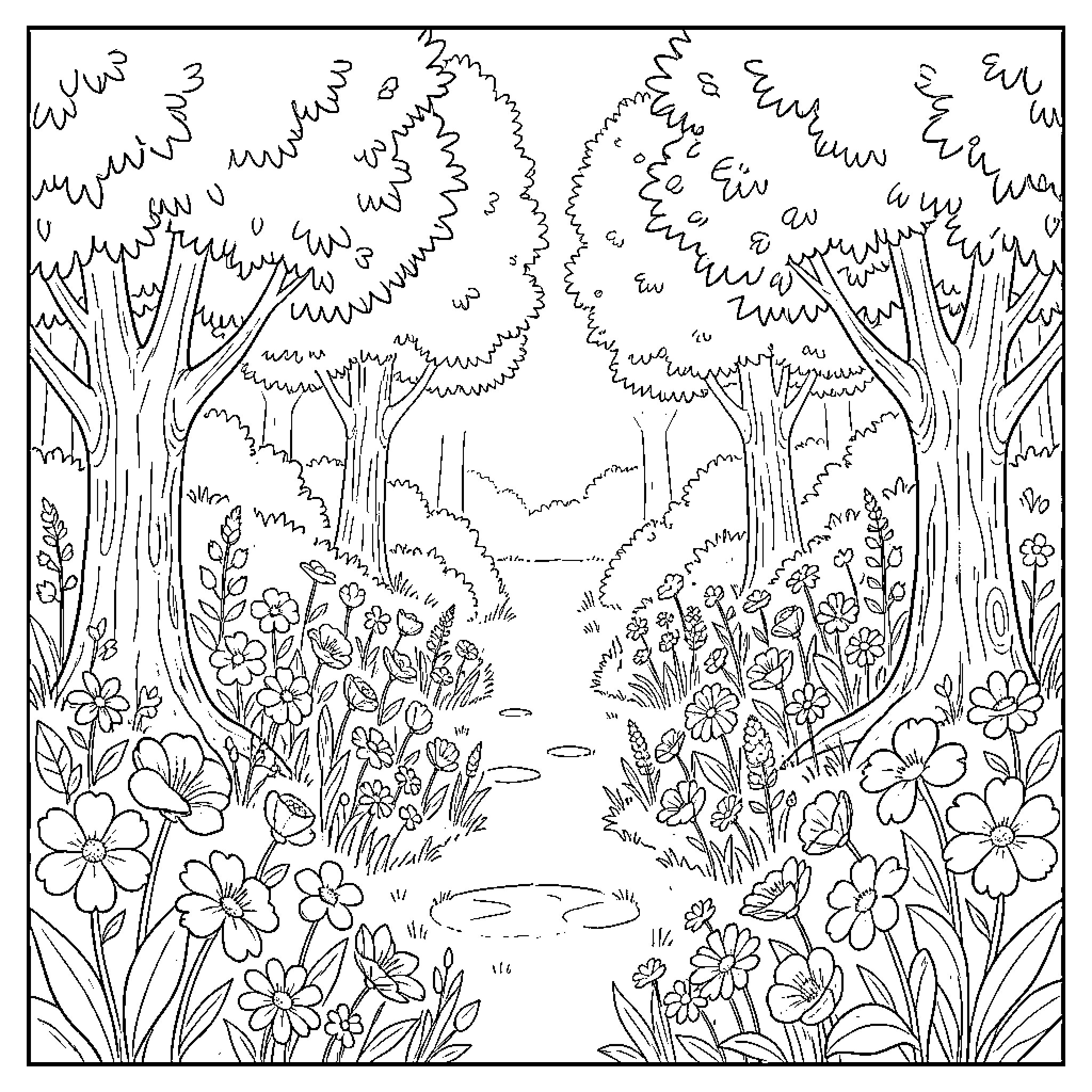 Garden path through a lush floral landscape Coloring Page (free black-and-white line drawing printable PDF for all, from beginners to advanced learners, including children, teens, adults, and seniors)