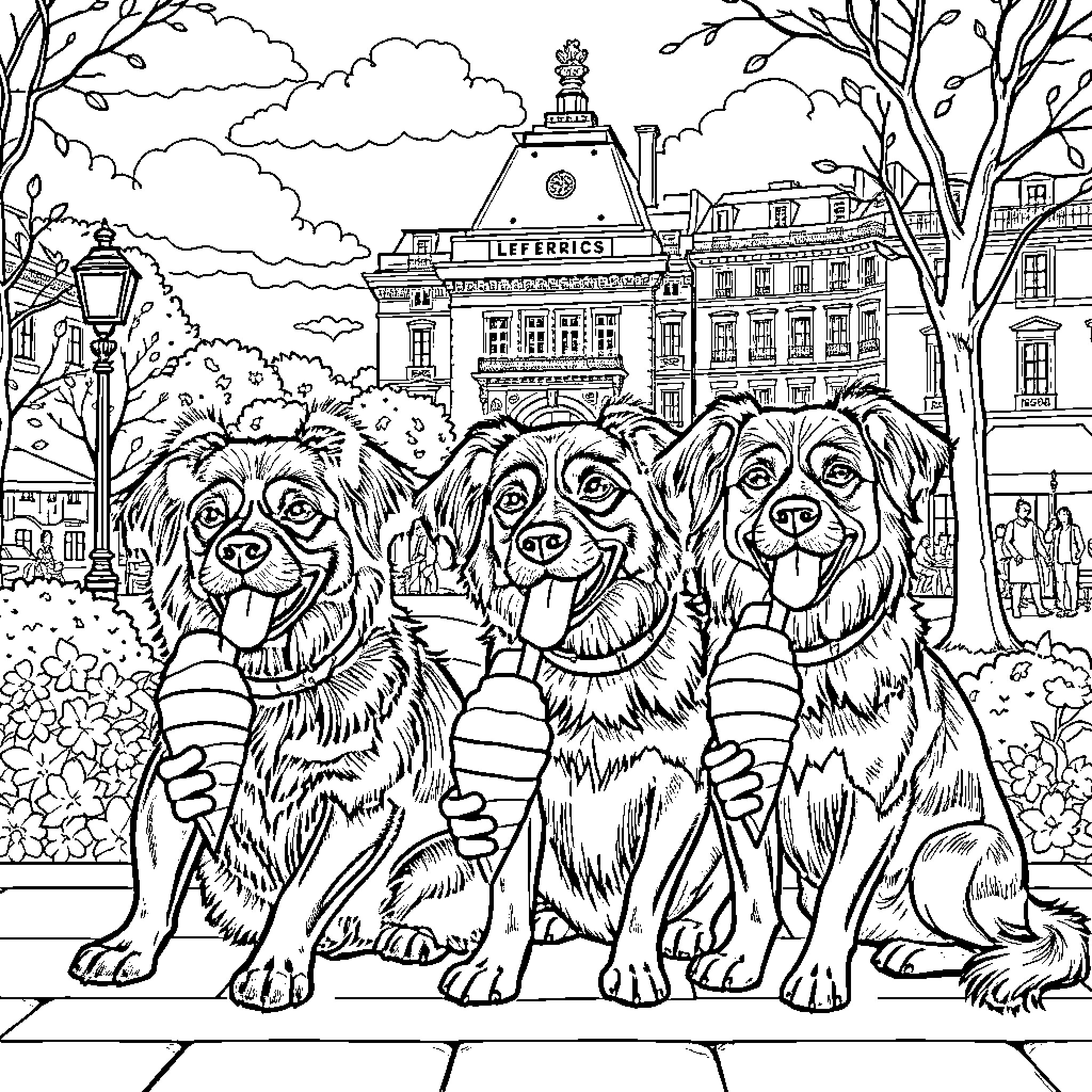 Dog trio posing in front of historic building Coloring Page (free black-and-white line drawing printable PDF for all, from beginners to advanced learners, including children, teens, adults, and seniors)