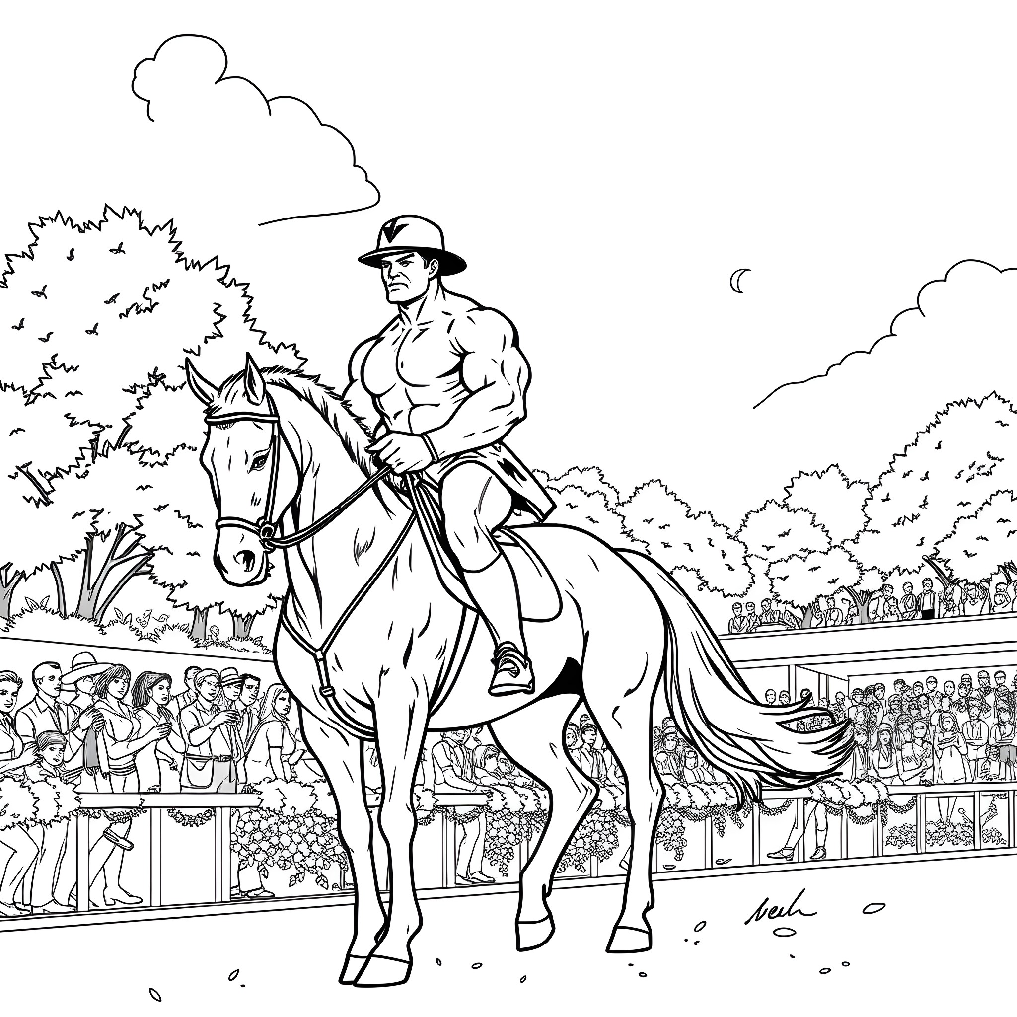 Hulk Rides Triumphantly on Horseback at the Arena Coloring Page (free black-and-white line drawing printable PDF for all, from beginners to advanced learners, including children, teens, adults, and seniors)
