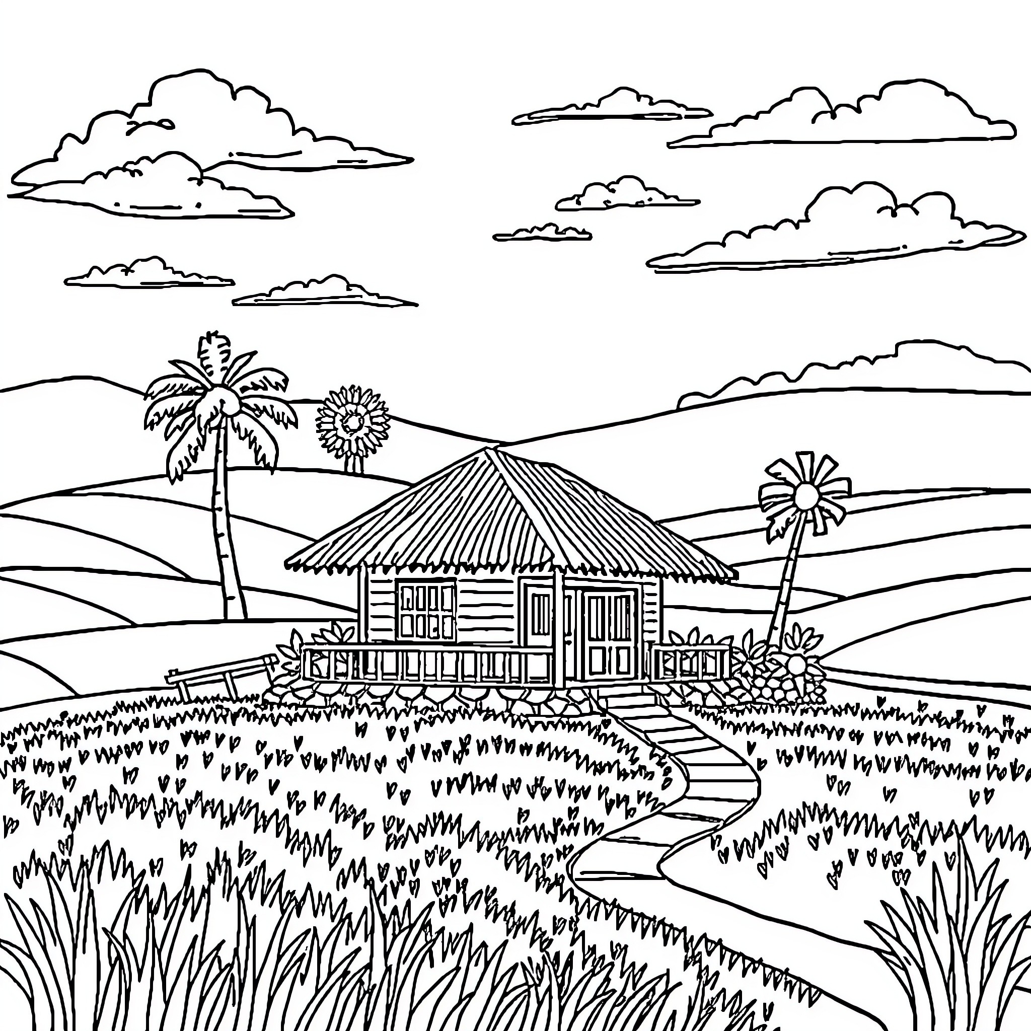 House Surrounded by Lush Tropical Landscape Coloring Page (free black-and-white line drawing printable PDF for all, from beginners to advanced learners, including children, teens, adults, and seniors)