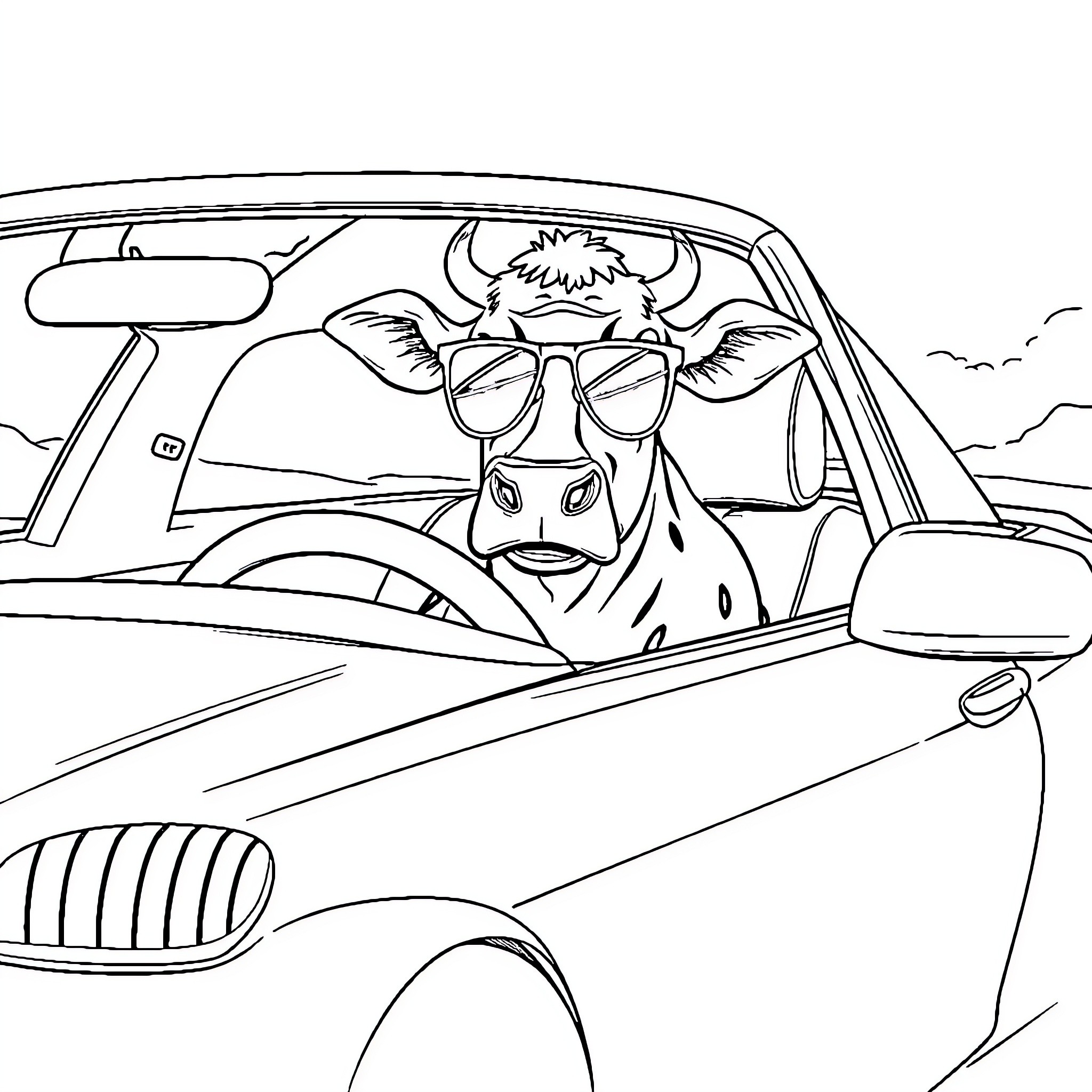 Dairy Cow driving a car on the road Coloring Page (free black-and-white line drawing printable PDF for all, from beginners to advanced learners, including children, teens, adults, and seniors)