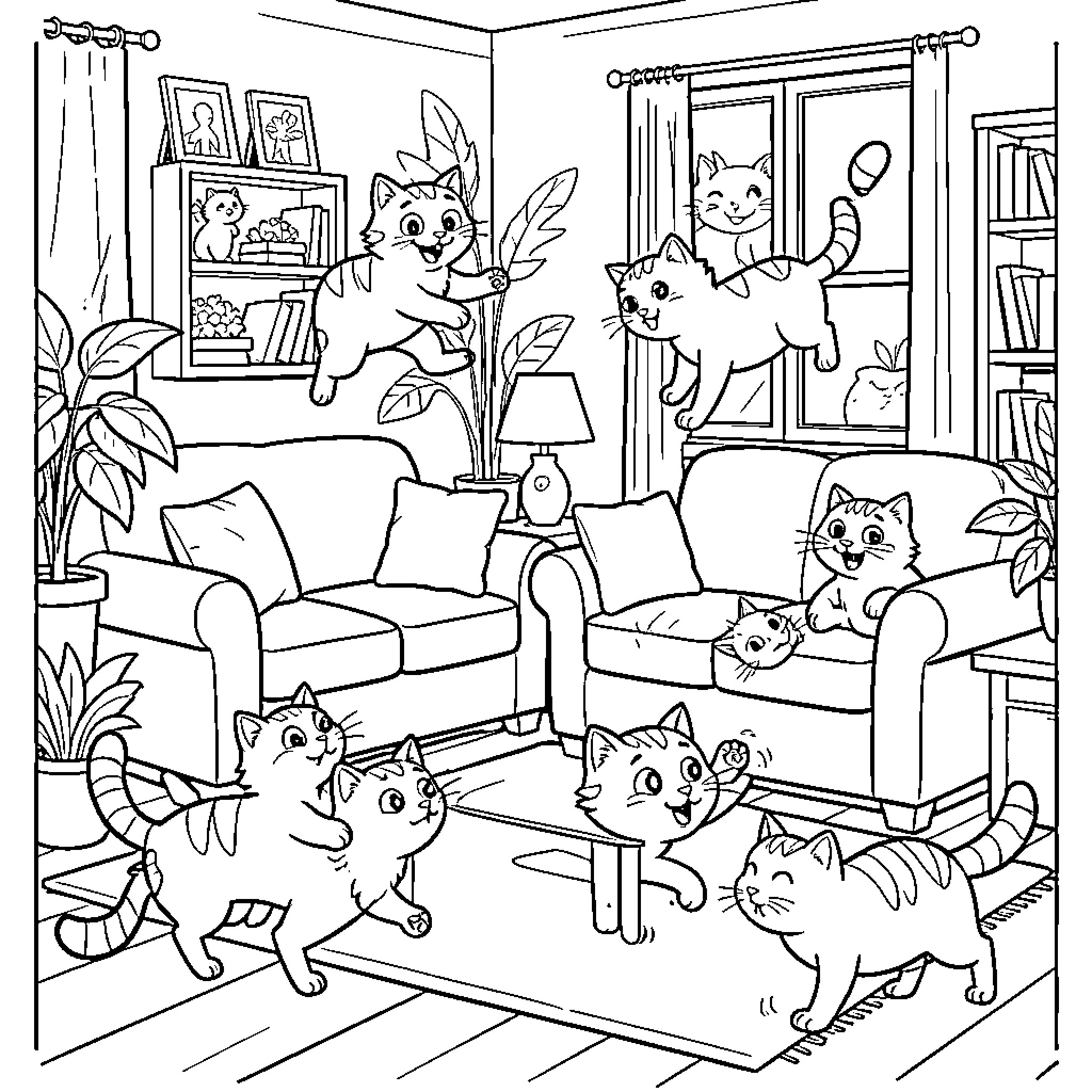Cat family playing in a cozy living room Coloring Page (free black-and-white line drawing printable PDF for all, from beginners to advanced learners, including children, teens, adults, and seniors)