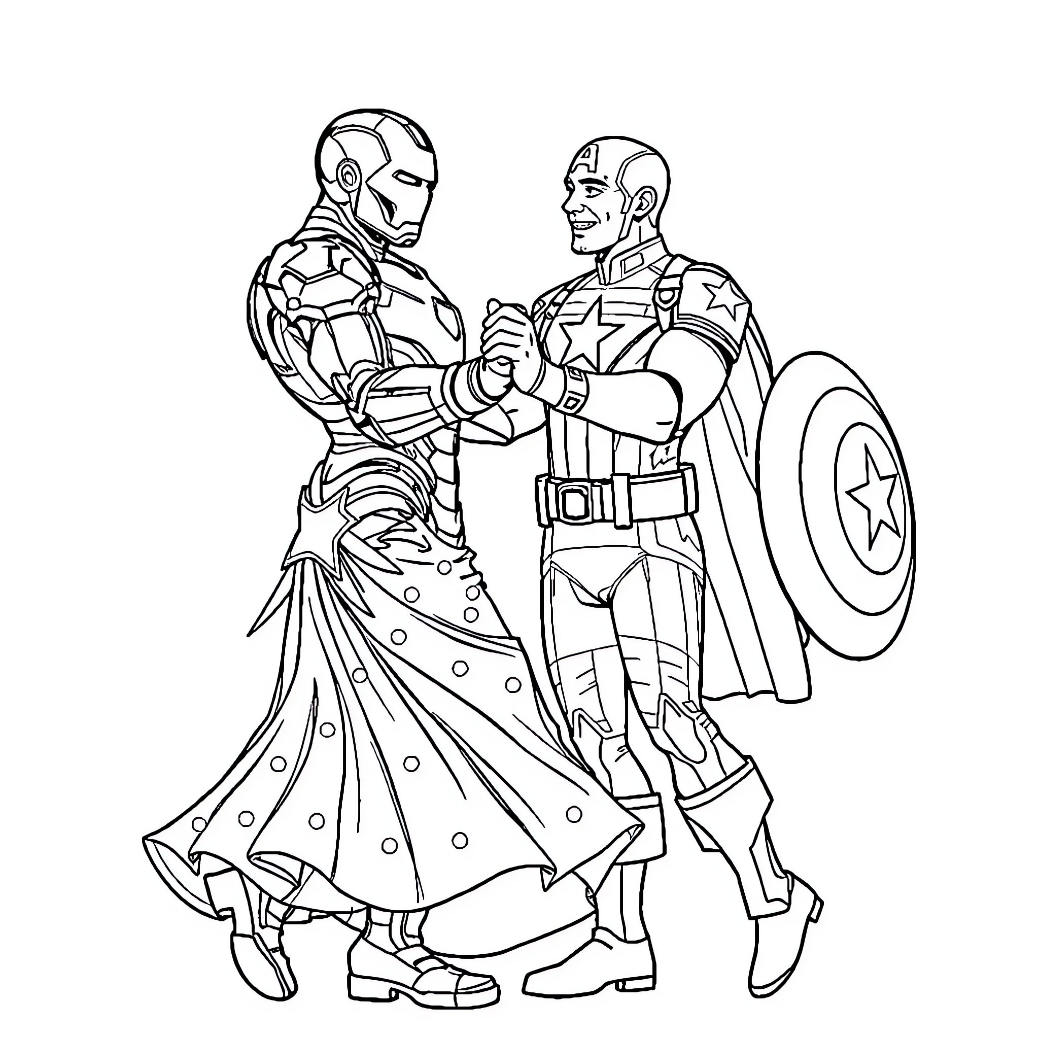 Iron Man and Captain America in Formal Attire Coloring Page (free black-and-white line drawing printable PDF for all, from beginners to advanced learners, including children, teens, adults, and seniors)