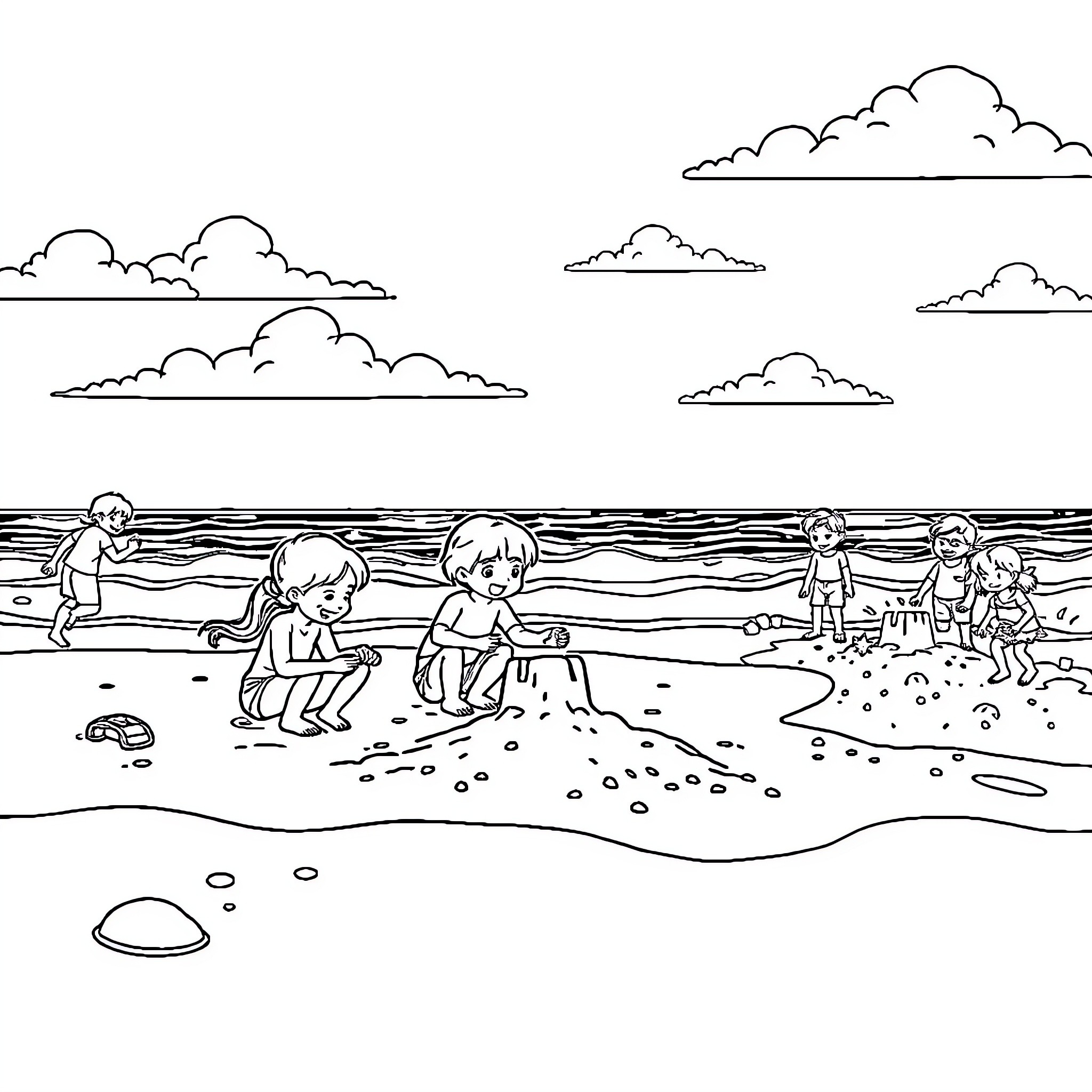 Person playing and relaxing on the beach Coloring Page (free black-and-white line drawing printable PDF for all, from beginners to advanced learners, including children, teens, adults, and seniors)
