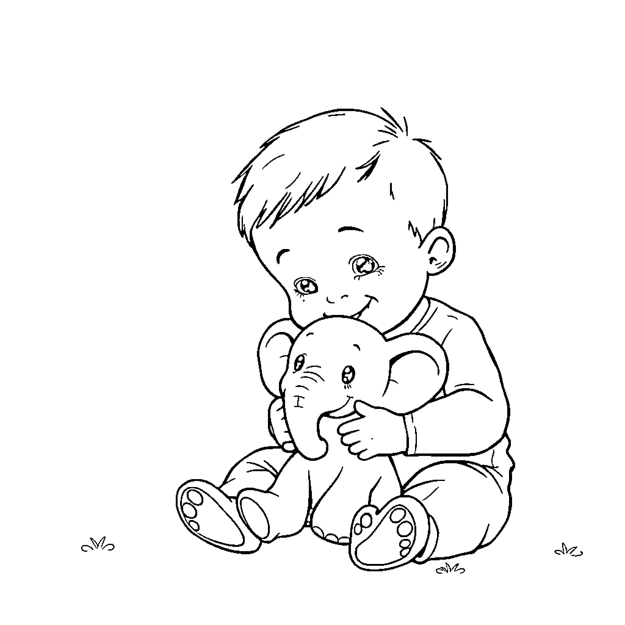 Baby Boy Cuddling Plush Elephant Toy Coloring Page (free black-and-white line drawing printable PDF for all, from beginners to advanced learners, including children, teens, adults, and seniors)
