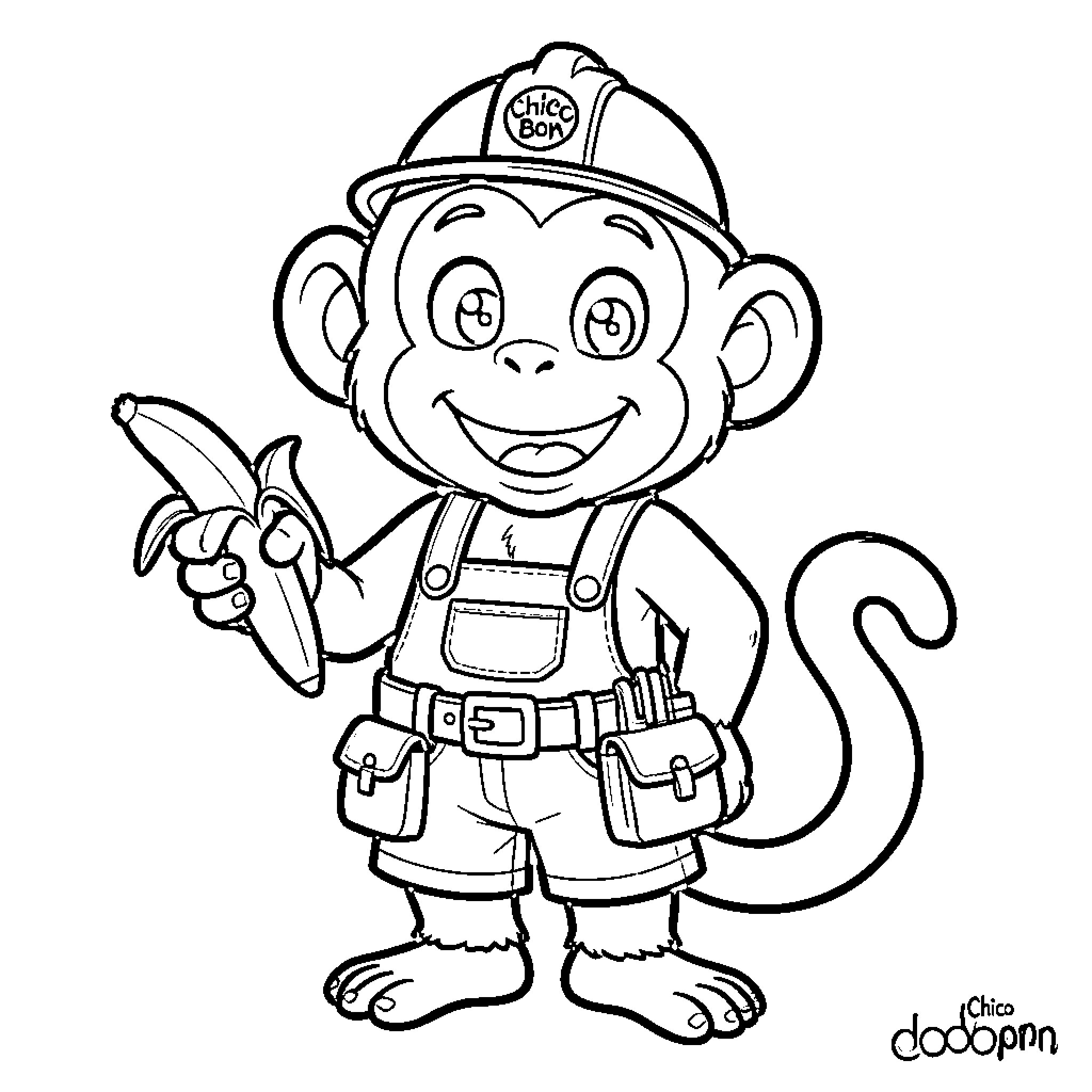 Chico Bon Bon monkey wearing overalls holding a banana Coloring Page (free black-and-white line drawing printable PDF for all, from beginners to advanced learners, including children, teens, adults, and seniors)