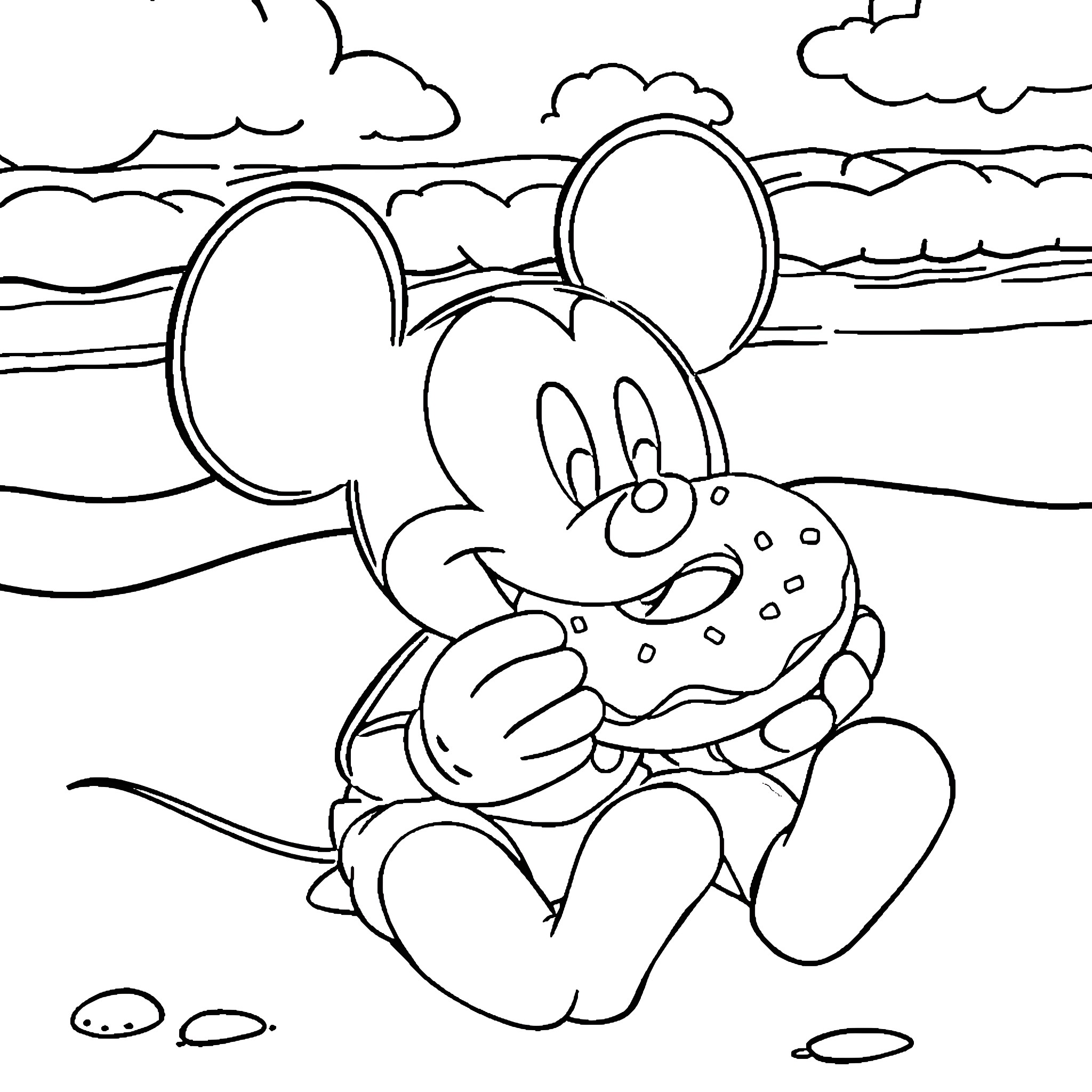 Mickey Mouse enjoying a day at the beach Coloring Page (free black-and-white line drawing printable PDF for all, from beginners to advanced learners, including children, teens, adults, and seniors)