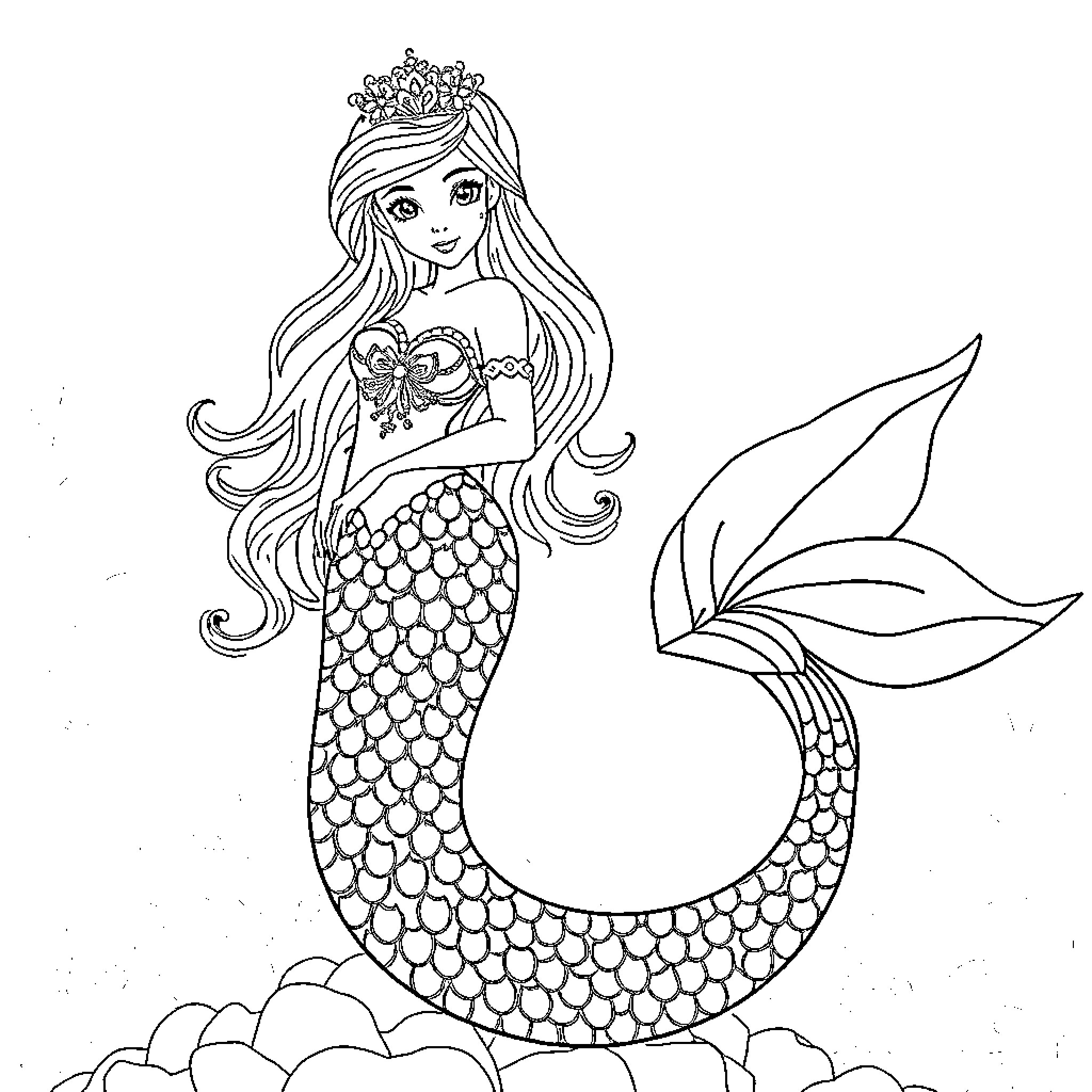 Mermaid gazing out at the ocean horizon Coloring Page (free black-and-white line drawing printable PDF for all, from beginners to advanced learners, including children, teens, adults, and seniors)