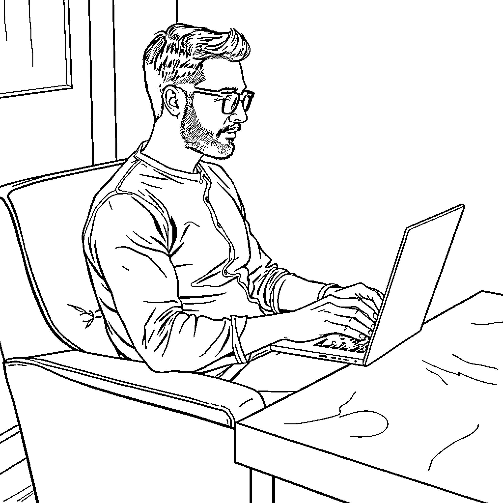 Man working intently on laptop in home office Coloring Page (free black-and-white line drawing printable PDF for all, from beginners to advanced learners, including children, teens, adults, and seniors)