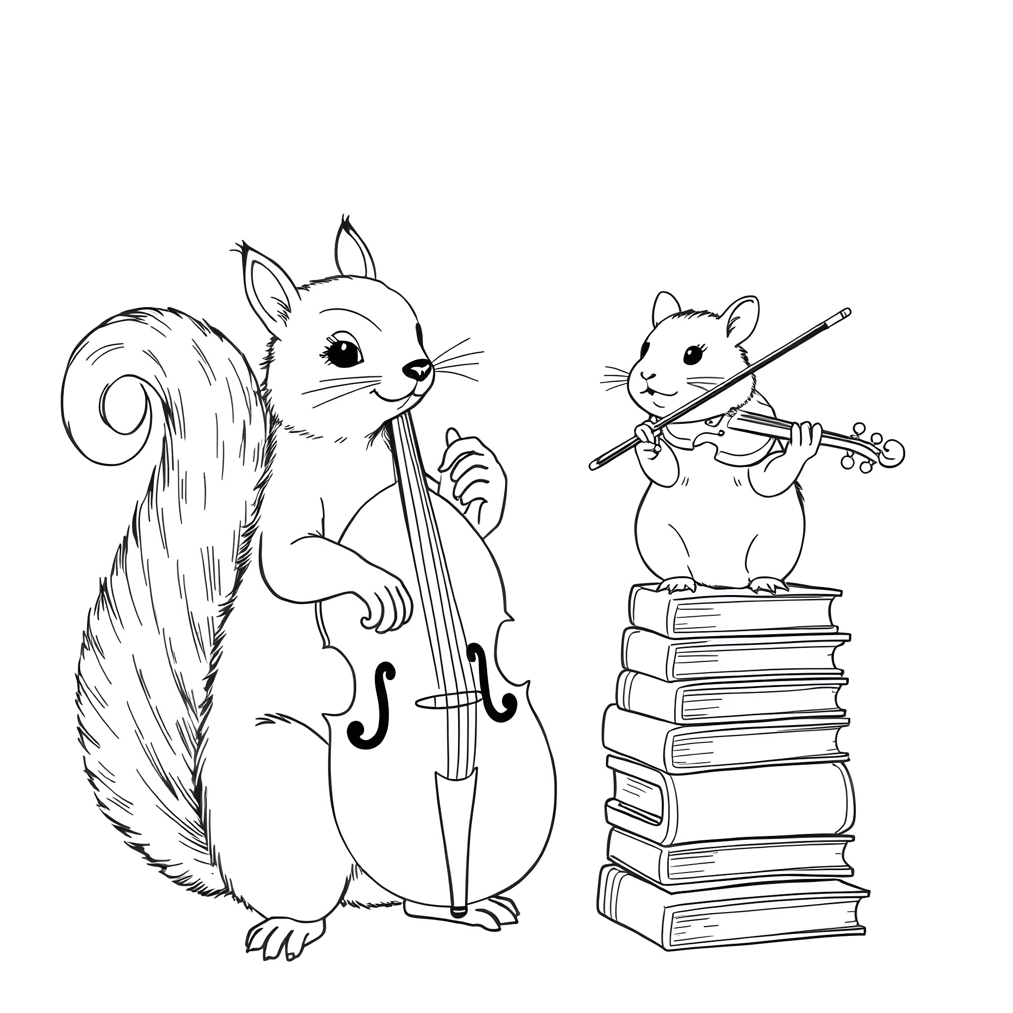 Squirrel musicians playing instruments and reading books Coloring Page (free black-and-white line drawing printable PDF for all, from beginners to advanced learners, including children, teens, adults, and seniors)