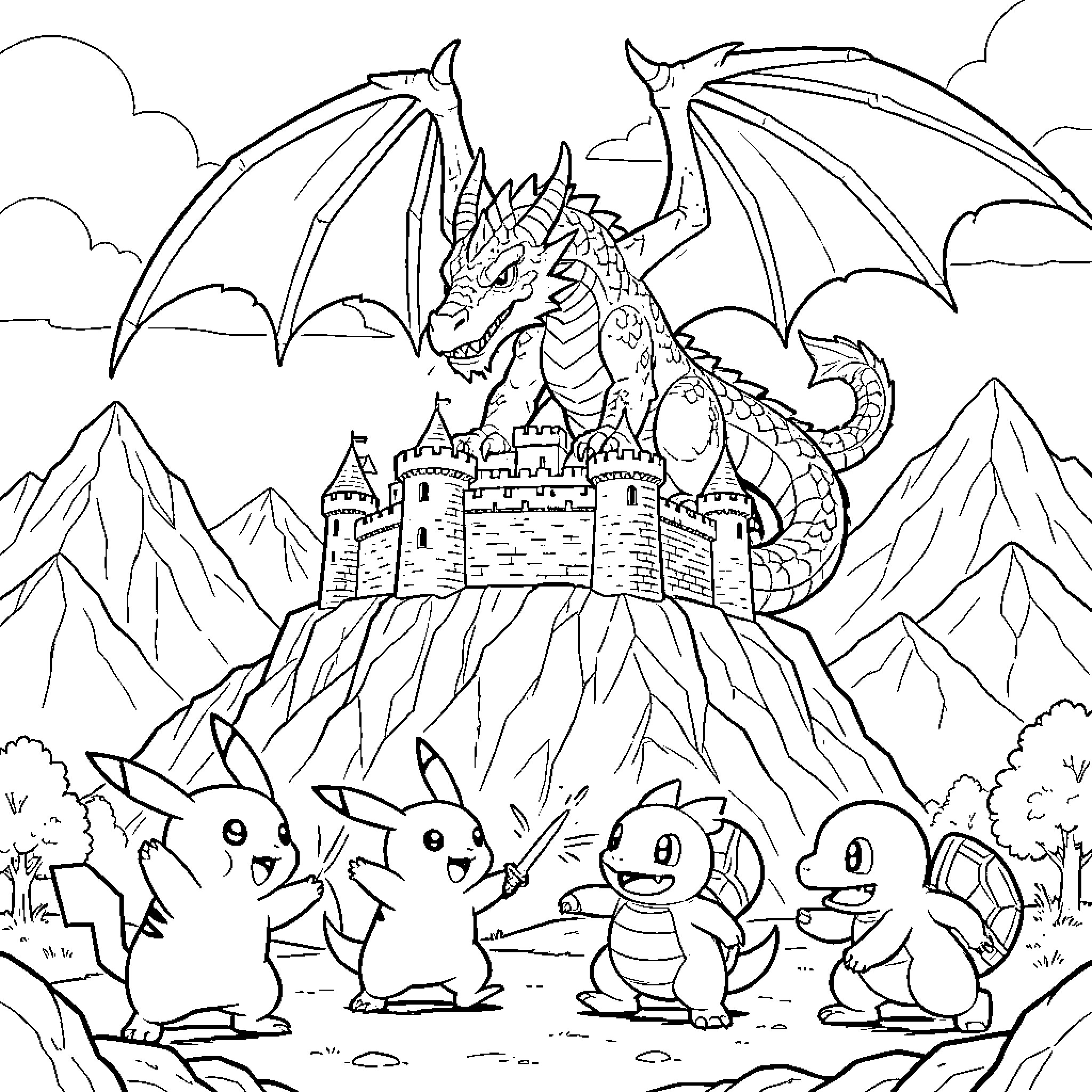 Dragon guarding a castle with cute creatures Coloring Page (free black-and-white line drawing printable PDF for all, from beginners to advanced learners, including children, teens, adults, and seniors)