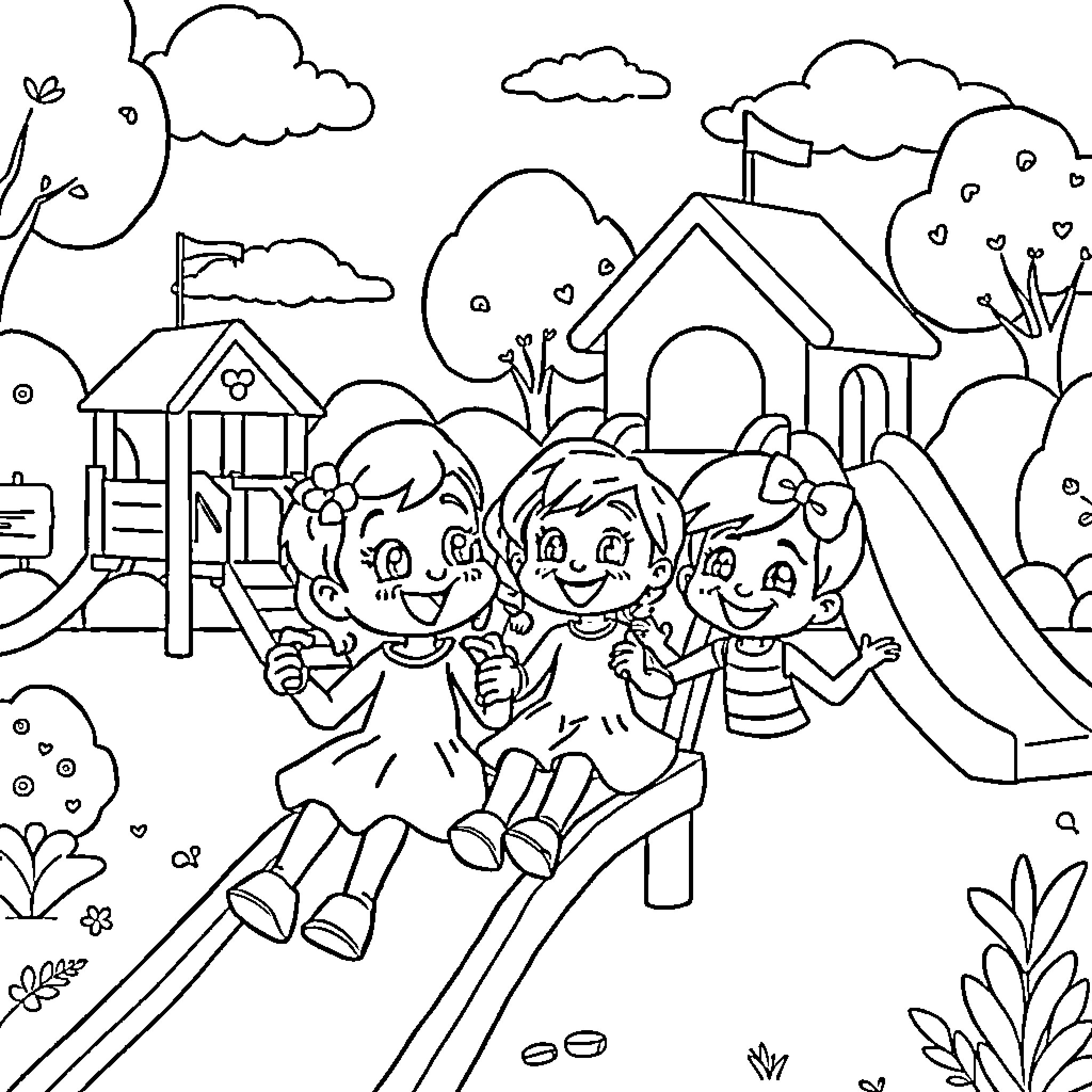 Bluey and friends having fun at the playground Coloring Page (free black-and-white line drawing printable PDF for all, from beginners to advanced learners, including children, teens, adults, and seniors)