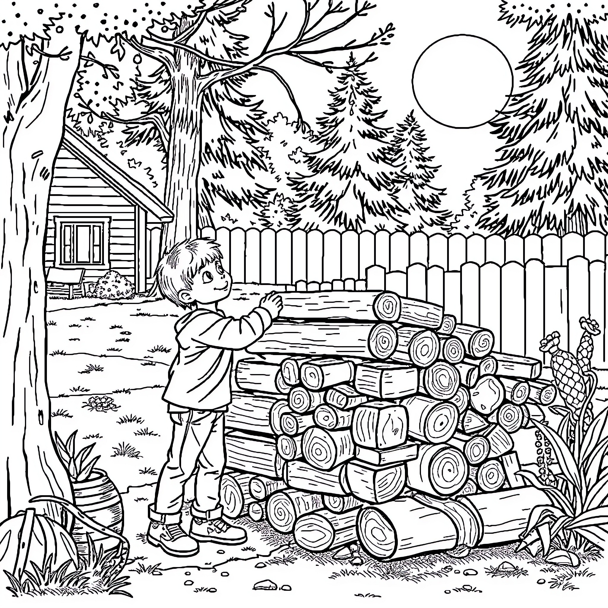 Dad carrying firewood in the snowy forest Coloring Page (free black-and-white line drawing printable PDF for all, from beginners to advanced learners, including children, teens, adults, and seniors)