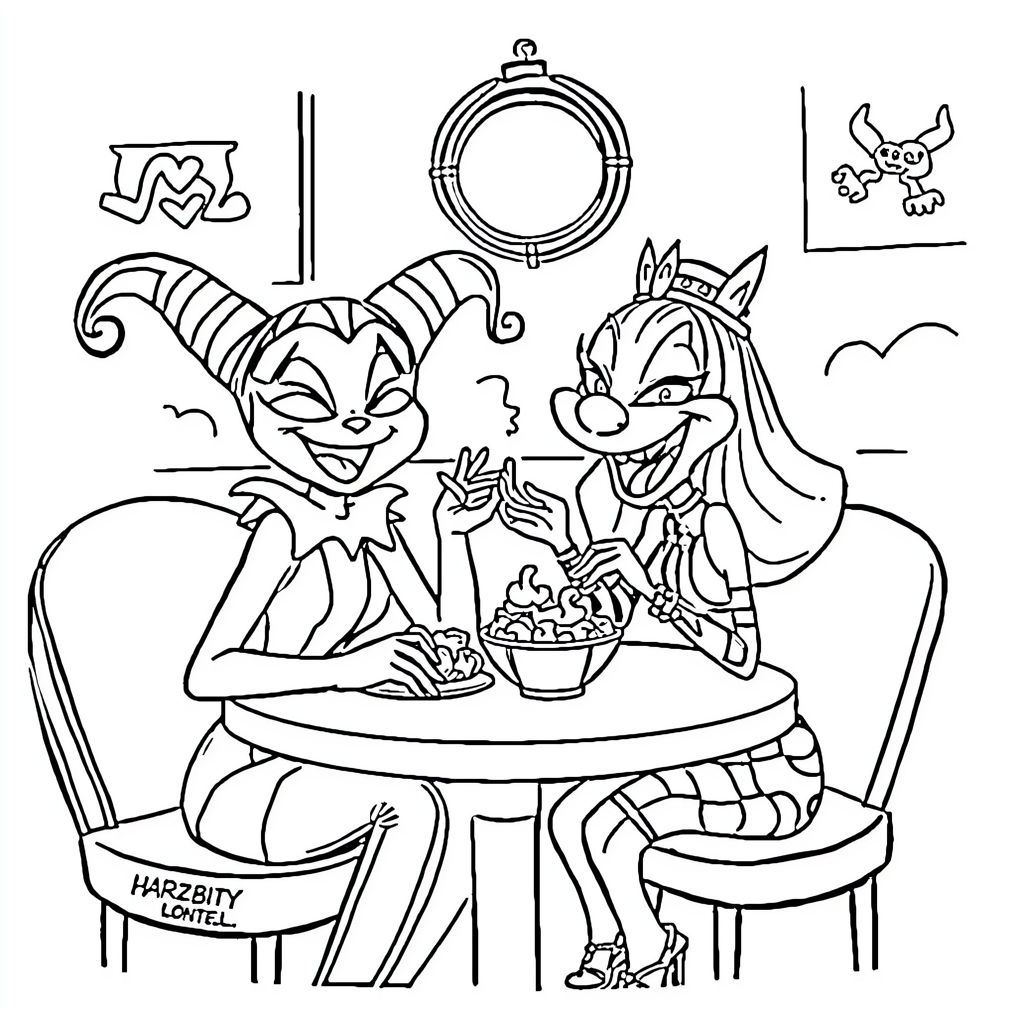 Loona enjoying a friendly meal with cartoon characters Coloring Page (free black-and-white line drawing printable PDF for all, from beginners to advanced learners, including children, teens, adults, and seniors)