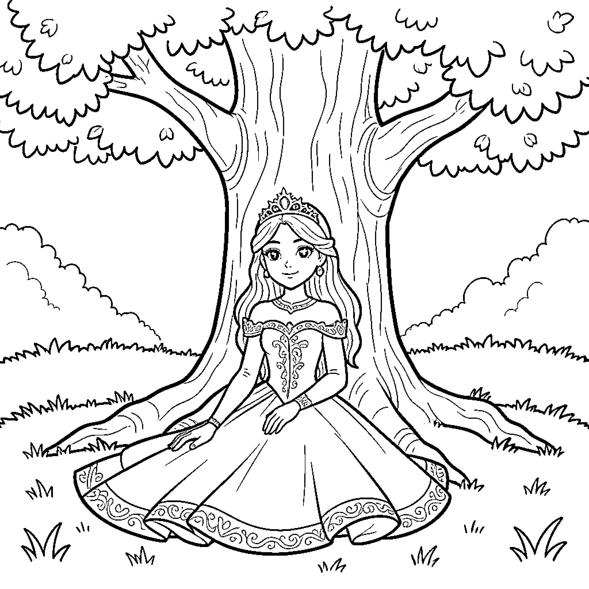 Snow White sitting peacefully under a large tree Coloring Page (free black-and-white line drawing printable PDF for all, from beginners to advanced learners, including children, teens, adults, and seniors)