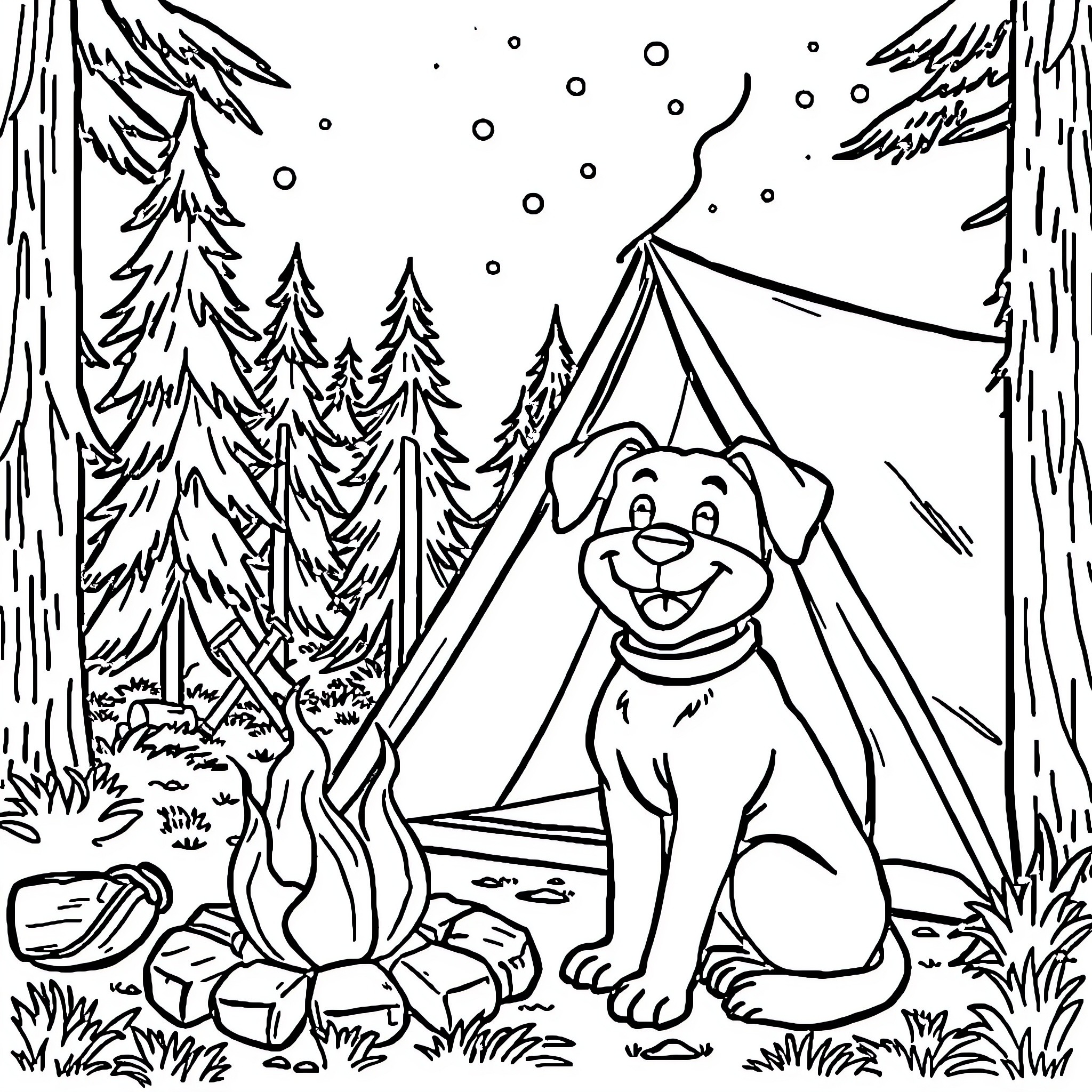 Dog enjoying camping in the snowy forest Coloring Page (free black-and-white line drawing printable PDF for all, from beginners to advanced learners, including children, teens, adults, and seniors)