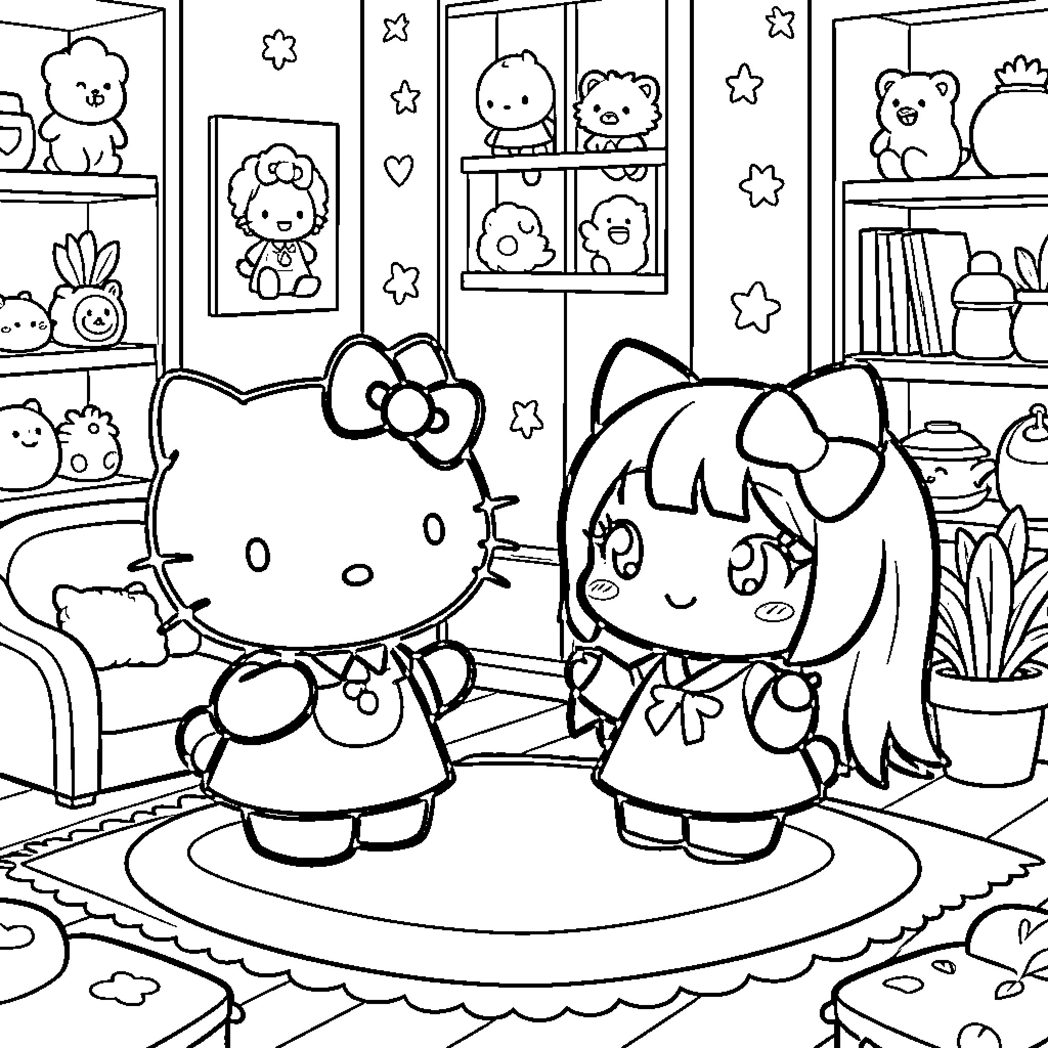 Hello Kitty Playful Friends in Cozy Room Coloring Page (free black-and-white line drawing printable PDF for all, from beginners to advanced learners, including children, teens, adults, and seniors)